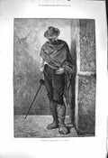 Original Old Antique Print 1877 Fine Art Man Listening For Footsteps Sword 19th