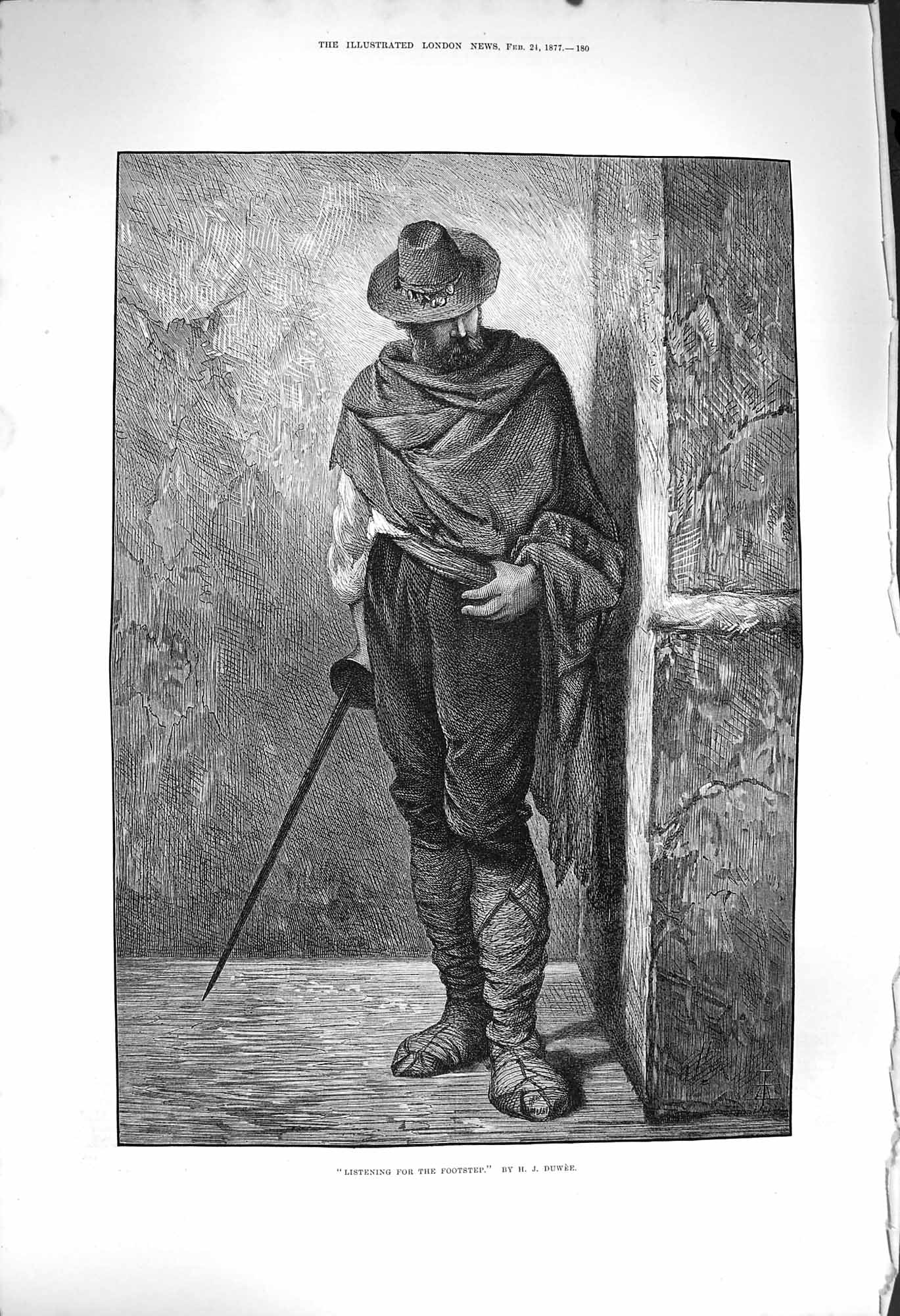 Original Old Antique Print 1877 Fine Art Man Listening For Footsteps Sword 19th
