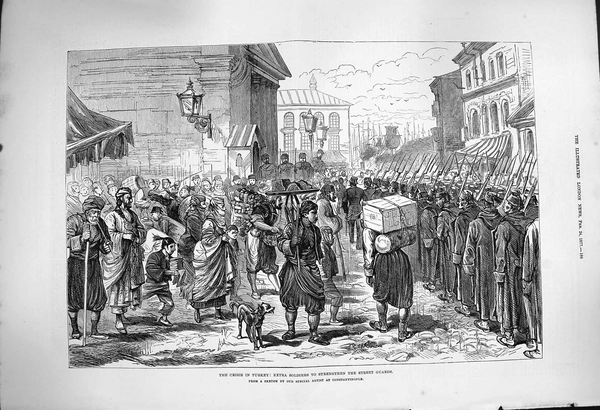Original Old Antique Print 1877 Turkey Siers Street Guards War Weapons 19th