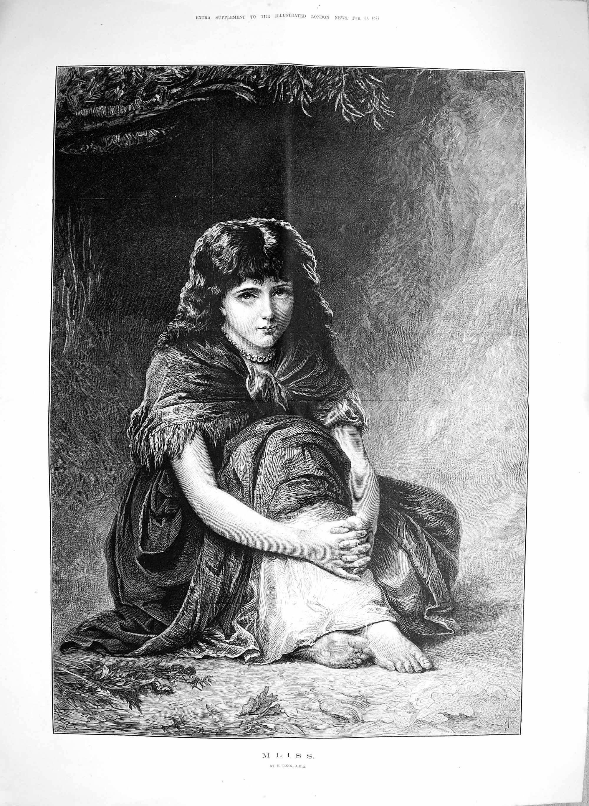 Old Antique Print 1877 Mliss Beautiful Young Girl Portrait Long Fine Art 19th