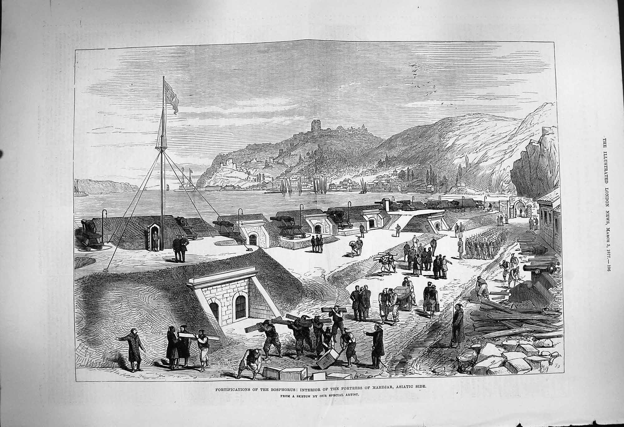 Original Old Antique Print 1877 Fortifications Bosphorus Mahdjar Karibjeh Kavak