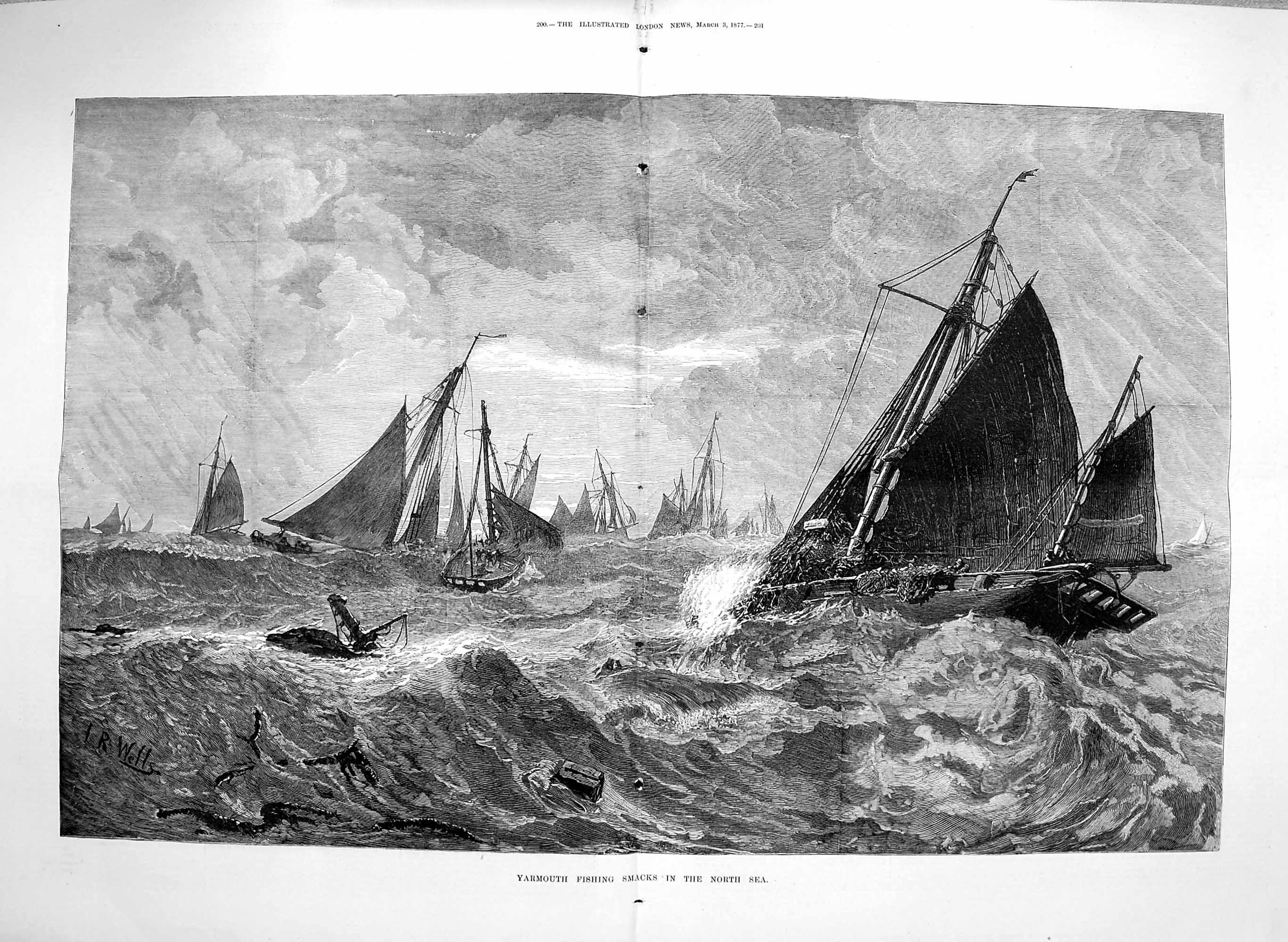 Original Old Antique Print Binding Holes On 1877 Yarmouth Fishing Smacks 19th