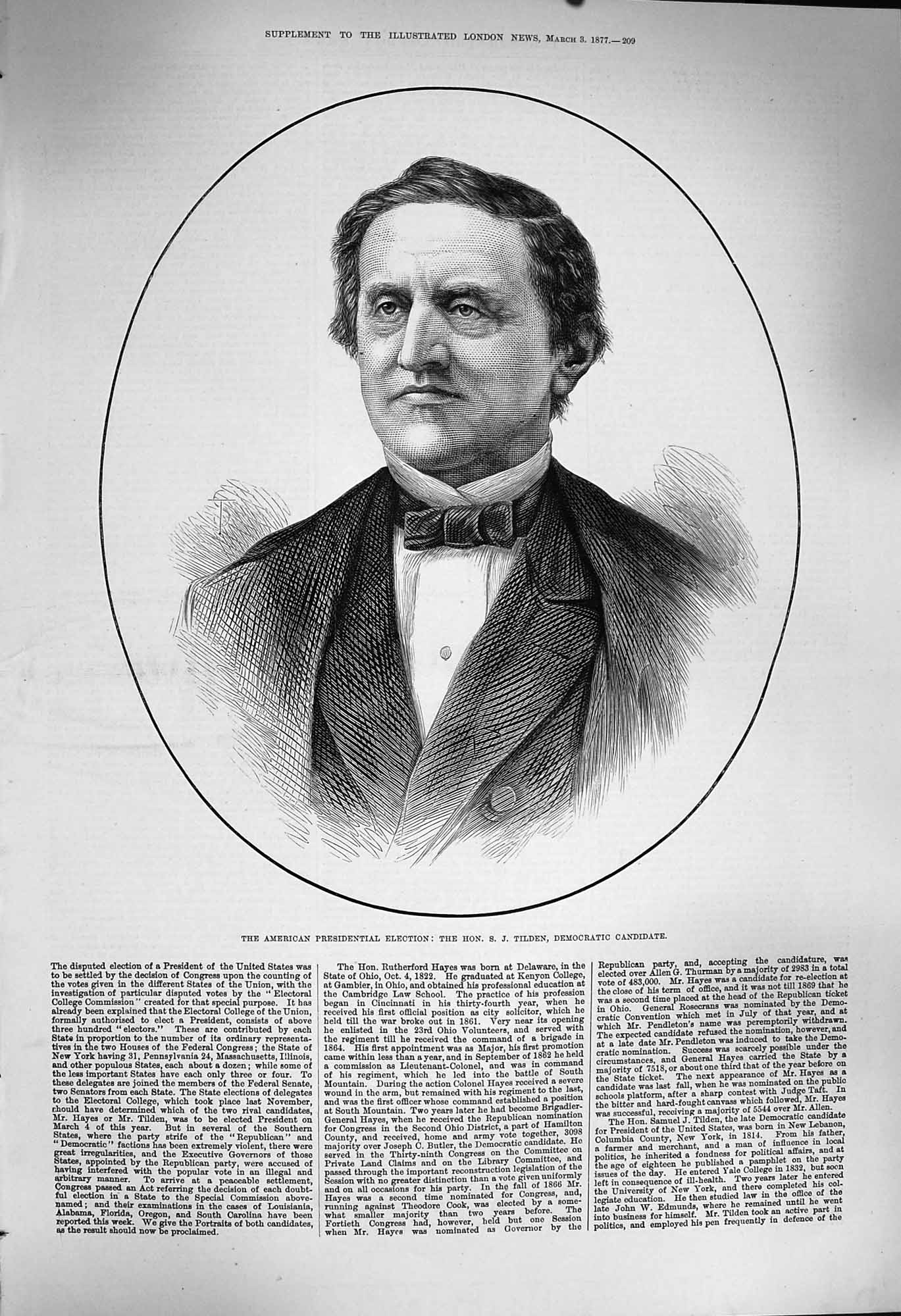 Original Old Antique Print 1877 America Election Tilden Democratic Candidate