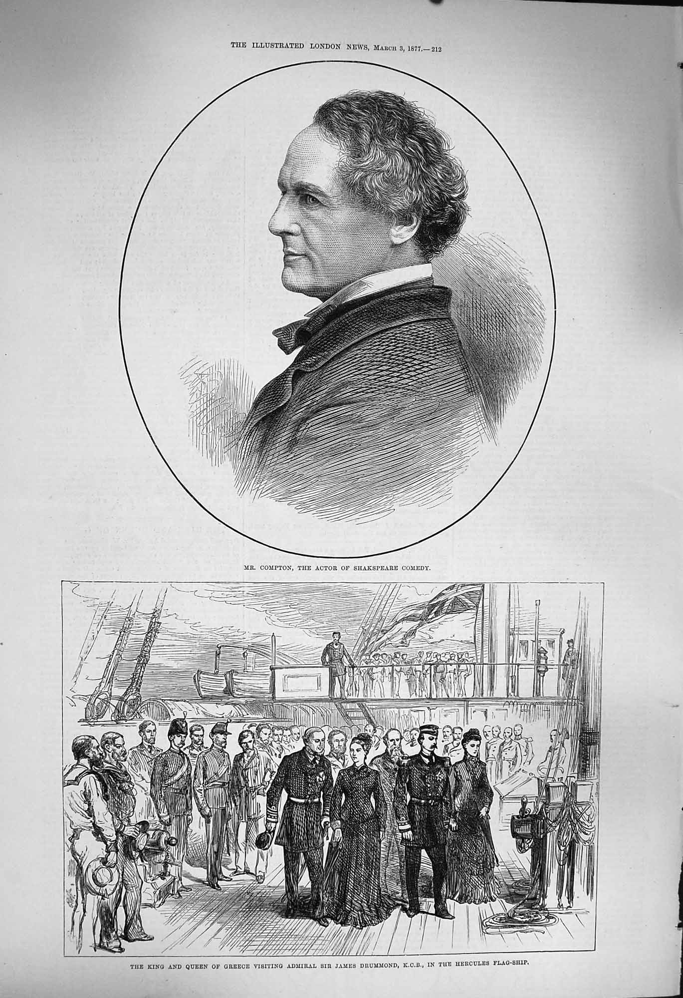 Original Old Antique Print 1877 Compton Actor King Greece James Drummond Ship