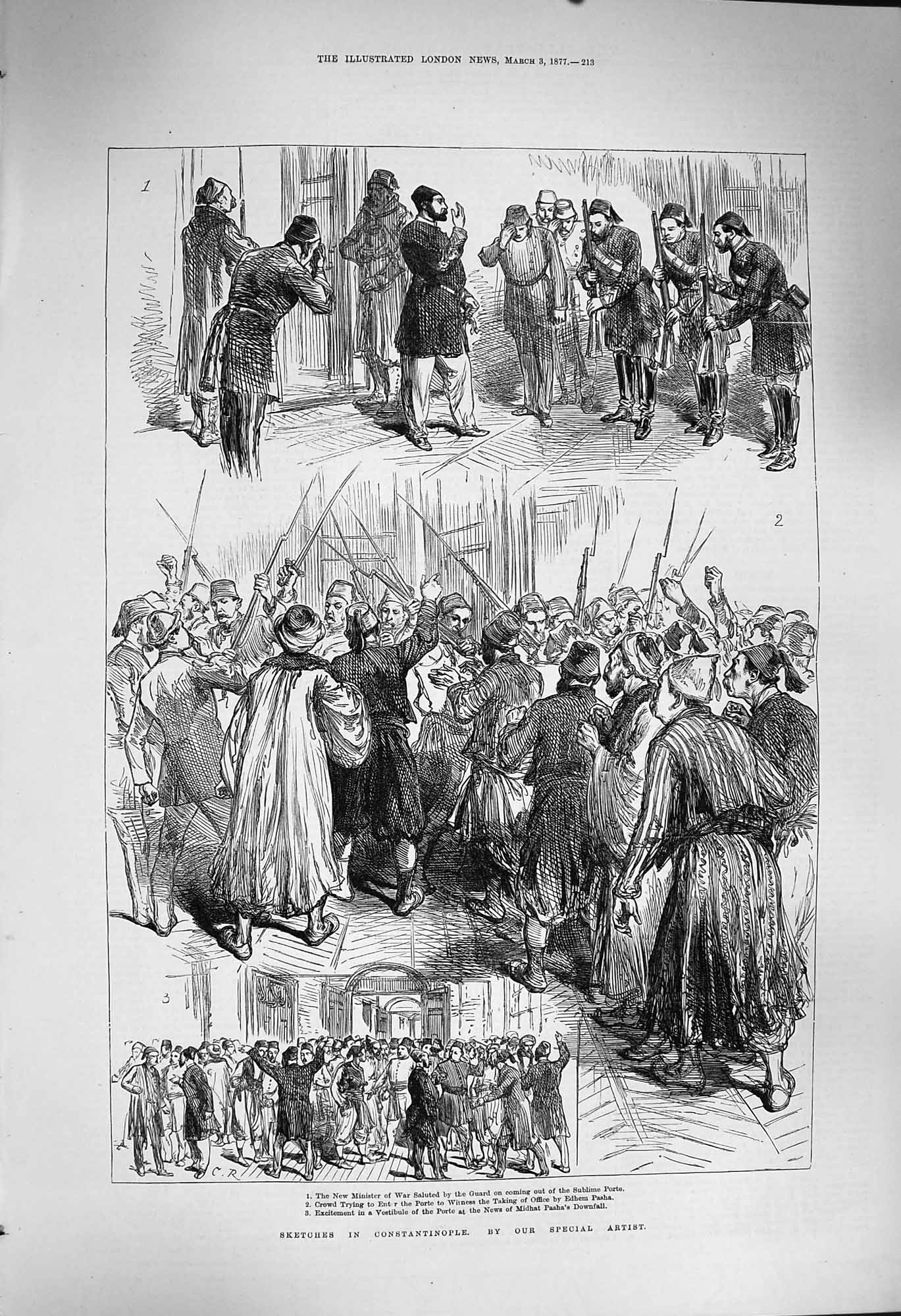 Original Old Antique Print 1877 Constantinople Minister War Edhem Pasha Porte