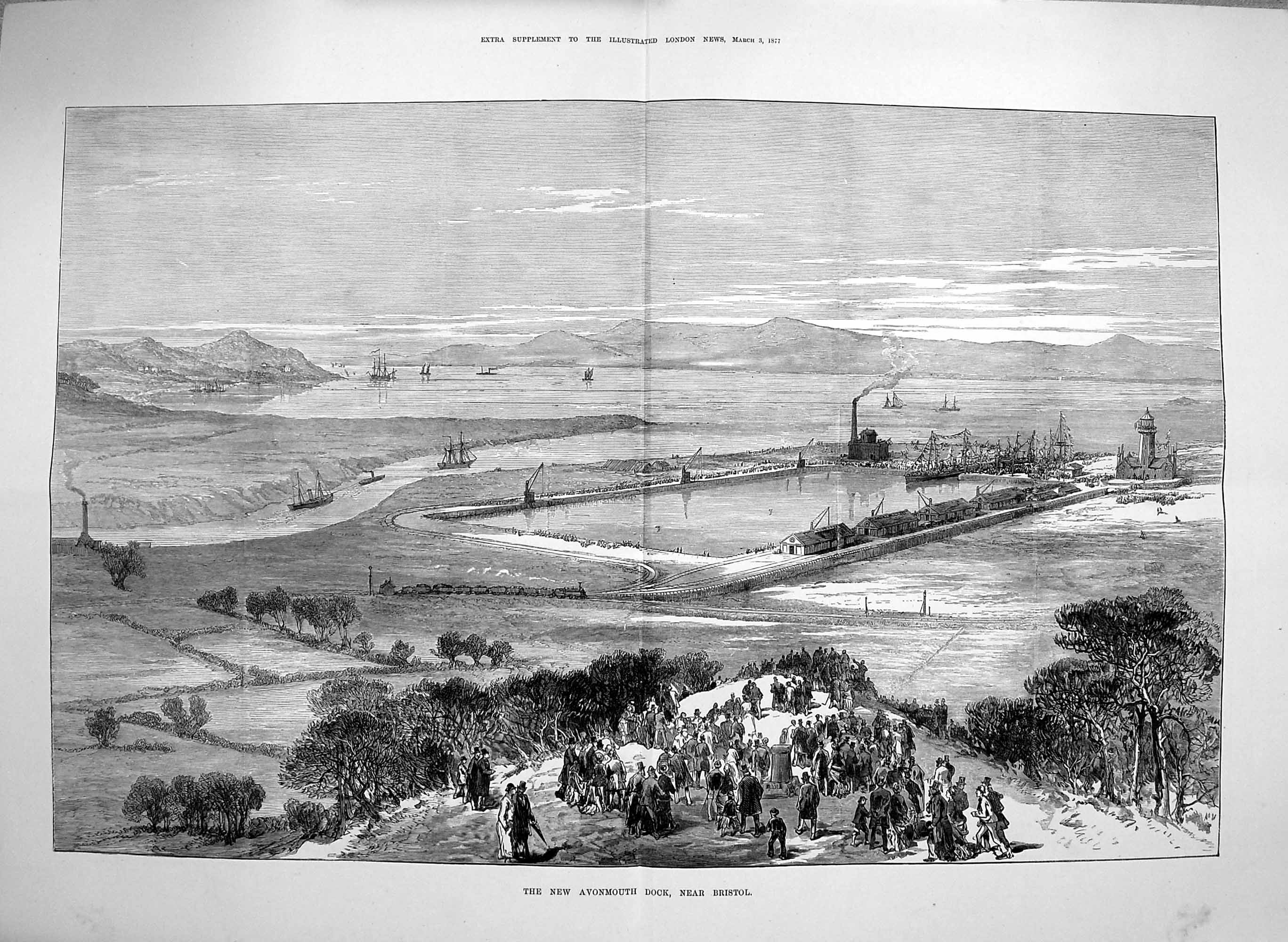 Original Old Antique Print 1877 New Avonmouth Dock Bristol ShipsVictorian