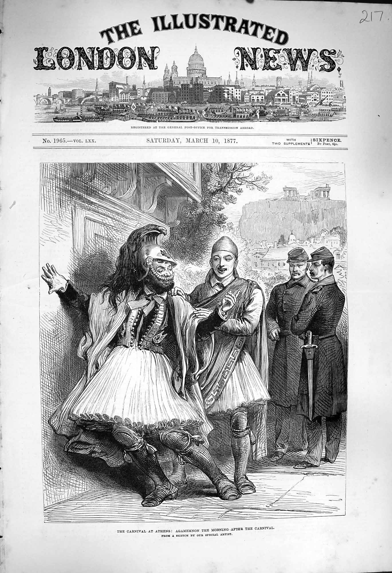 Original Old Antique Print 1877 Carnival Athens Agamemnon Men C 19th