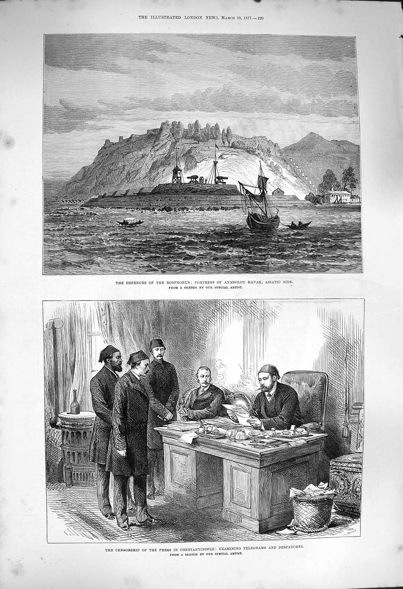 Old Antique Print 1877 Bosphorus Fortress Anadolou Kavak Constantinople 19th
