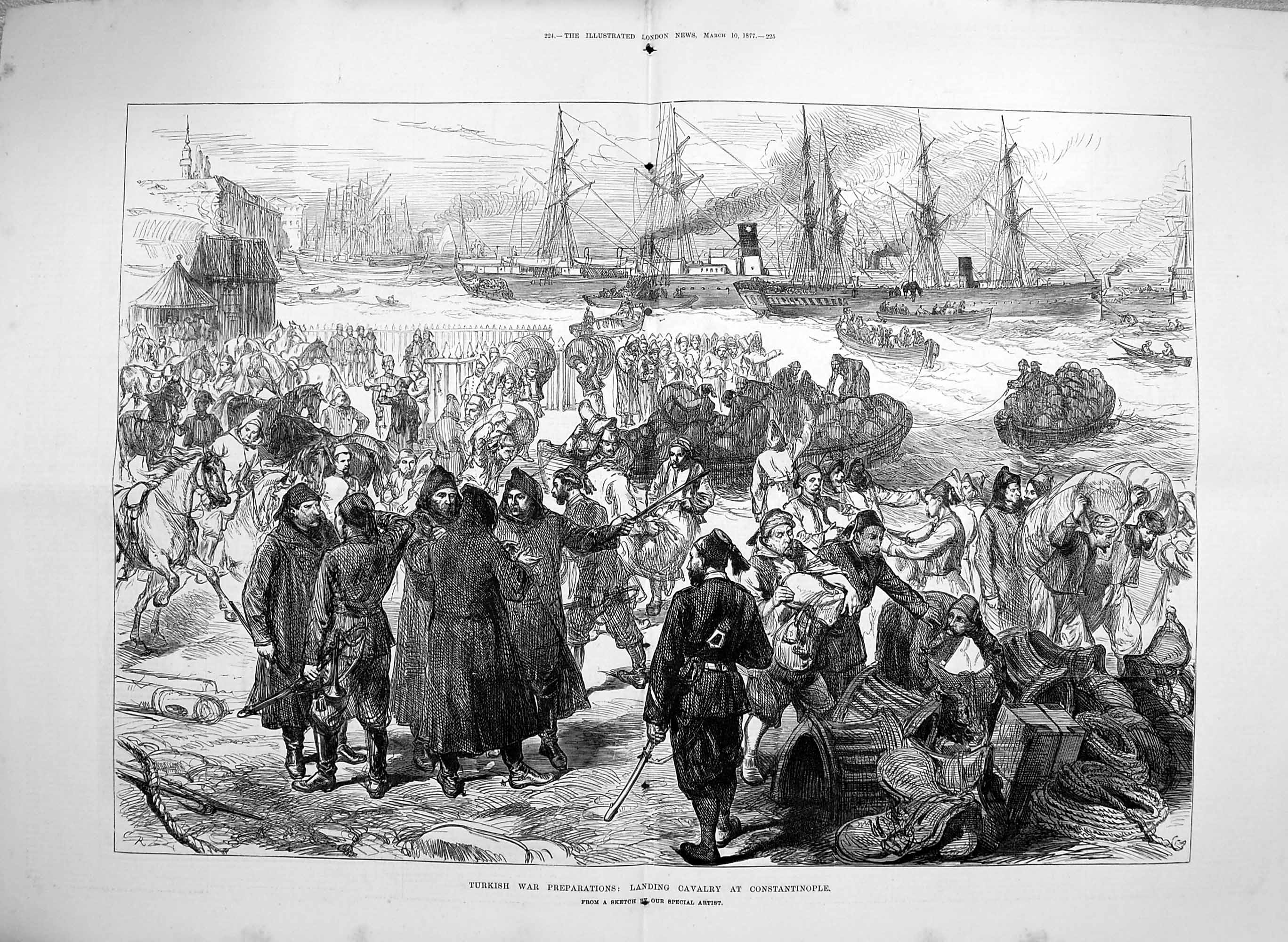 Original Old Antique Print 1877 Turkish War Preparations Siers Constantinople