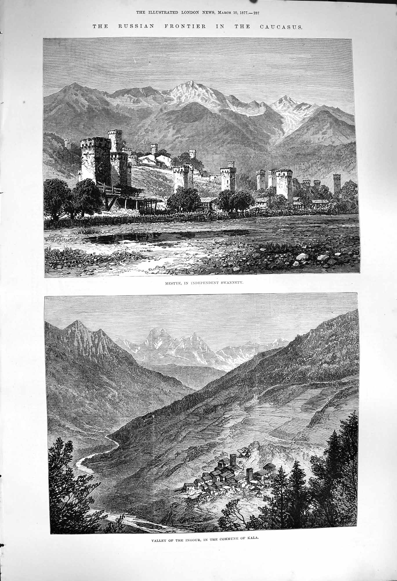 Original Old Antique Print 1877 Caucasus Mestye Swannety Valley Ingour Commune