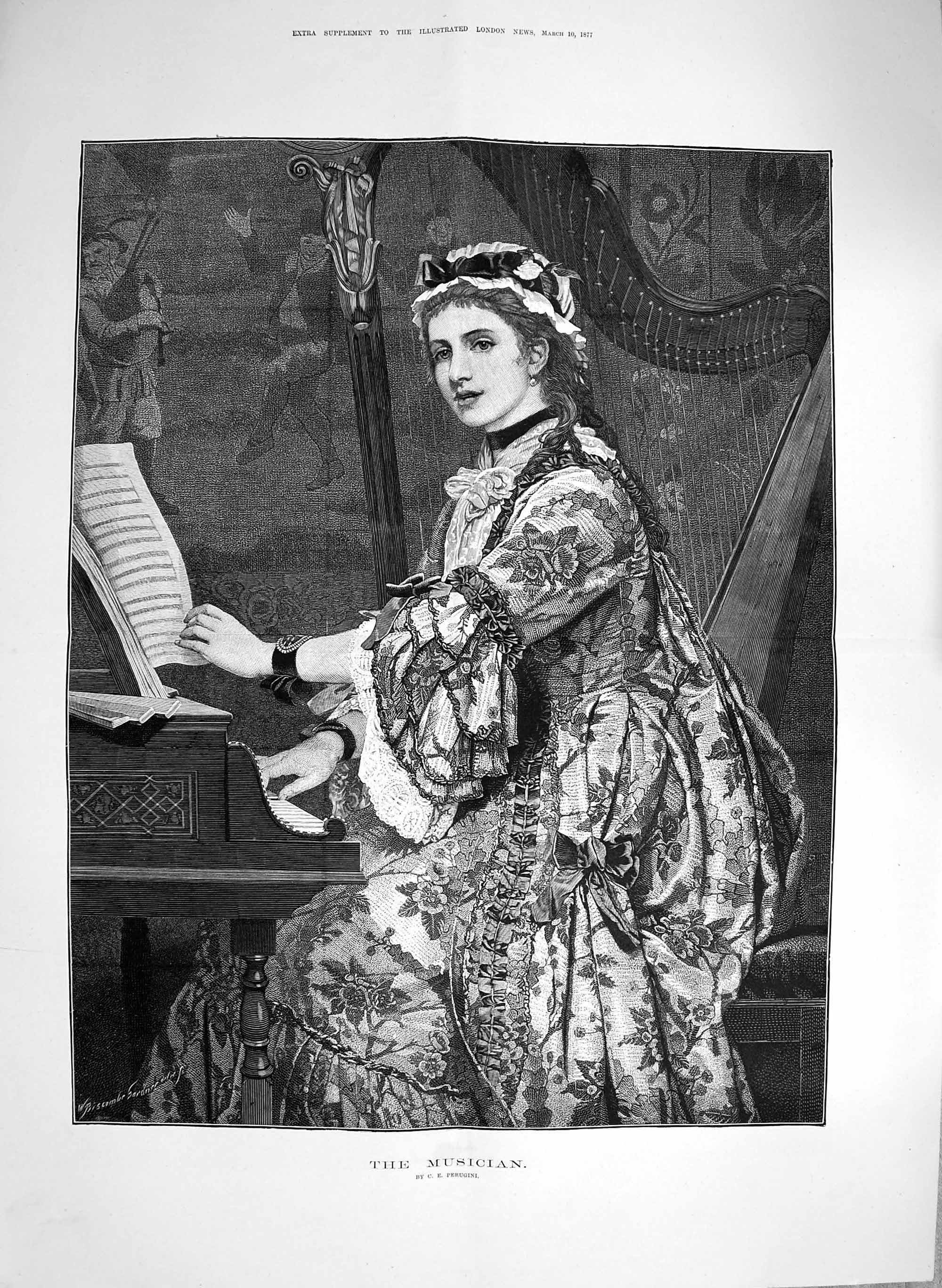 Original Old Antique Print 1877 Portrait Beautiful Lady Musician Piano Harp