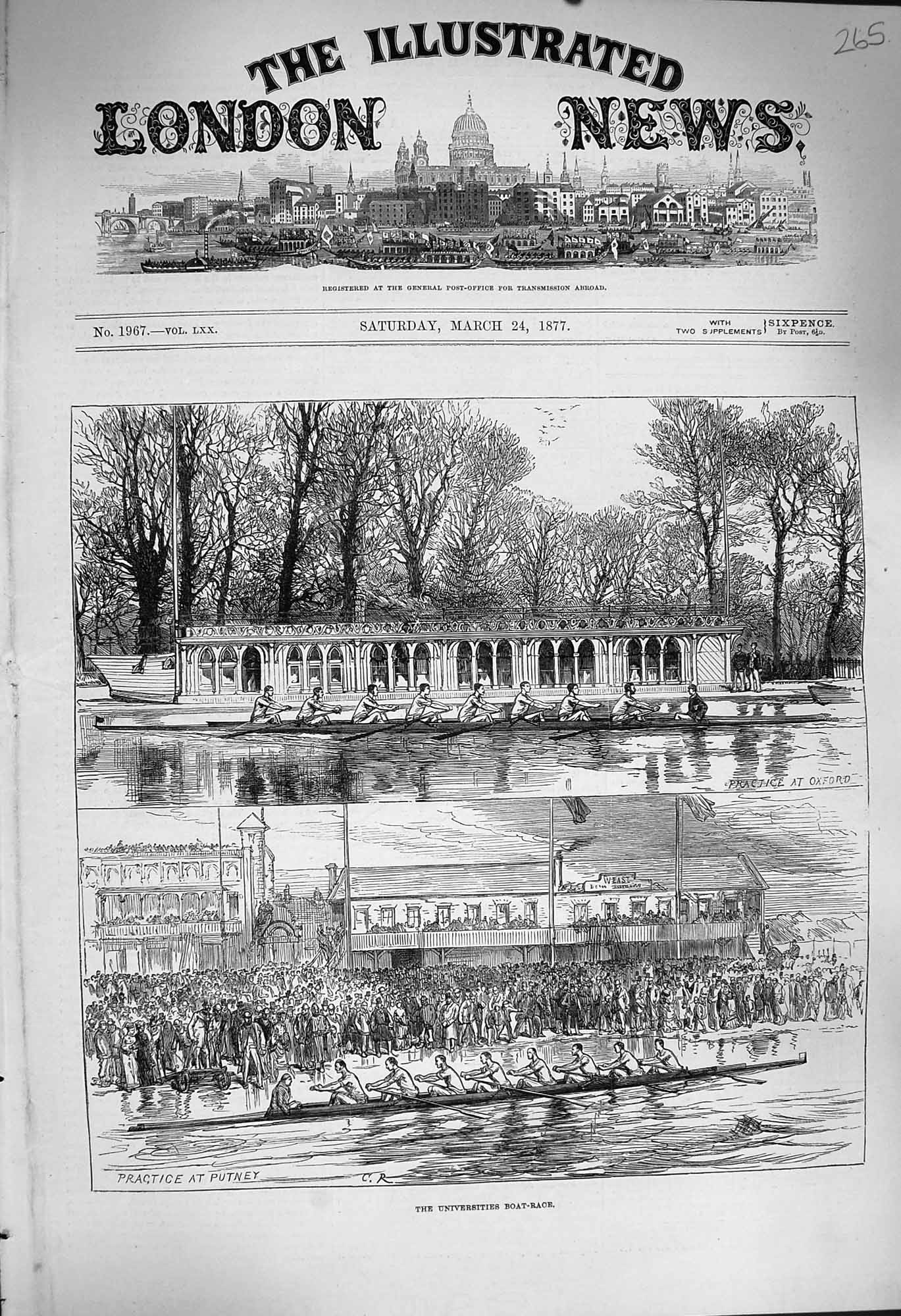 Original Old Antique Print 1877 University Boat Race Putney Oxford River Thames