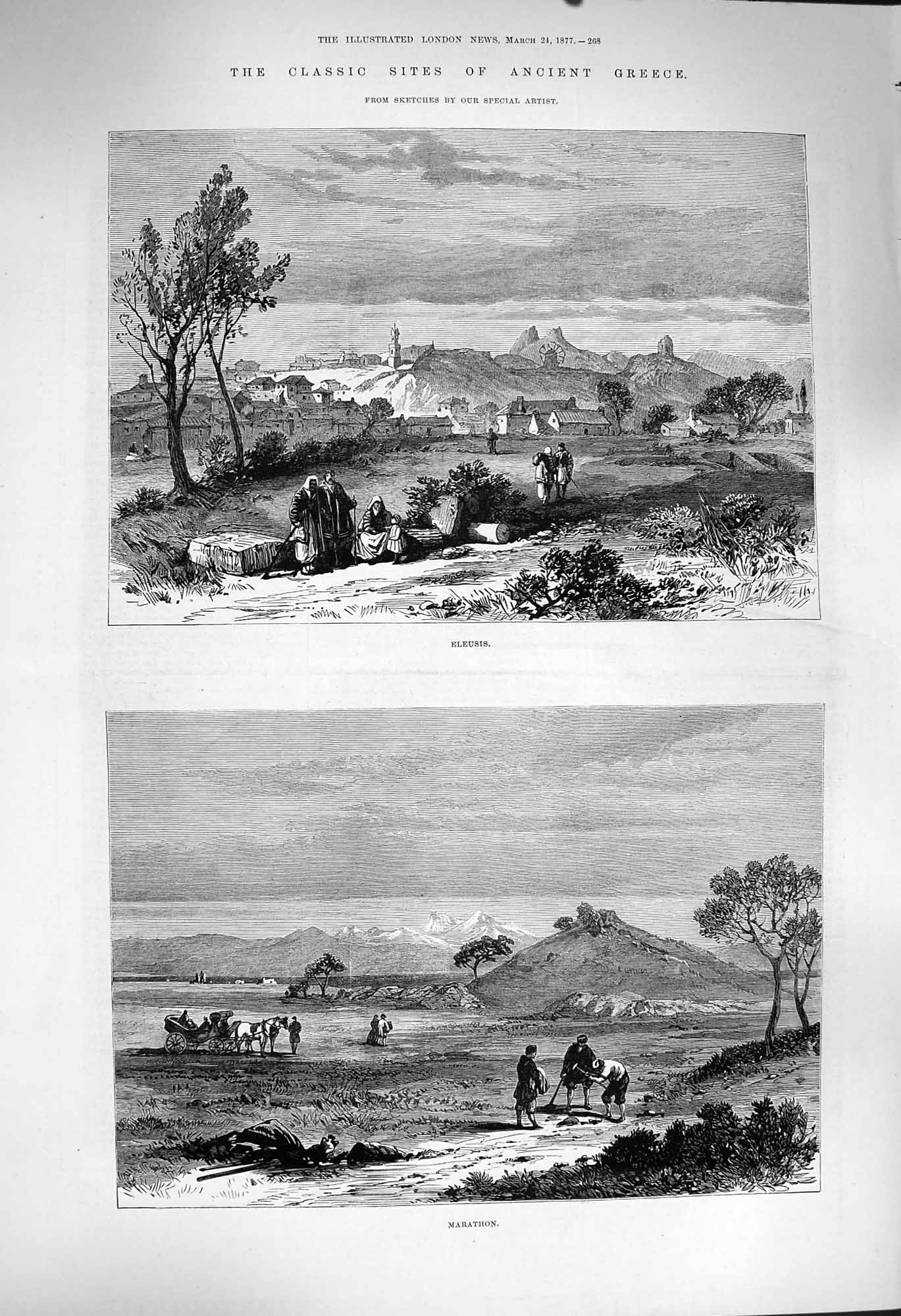 Original Old Antique Print 1877 Greece Eleusis Marathon Mountains Fine Art 19th
