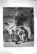 Original Old Antique Print 1877 Breakfast Children Food House Scene Cat Frere