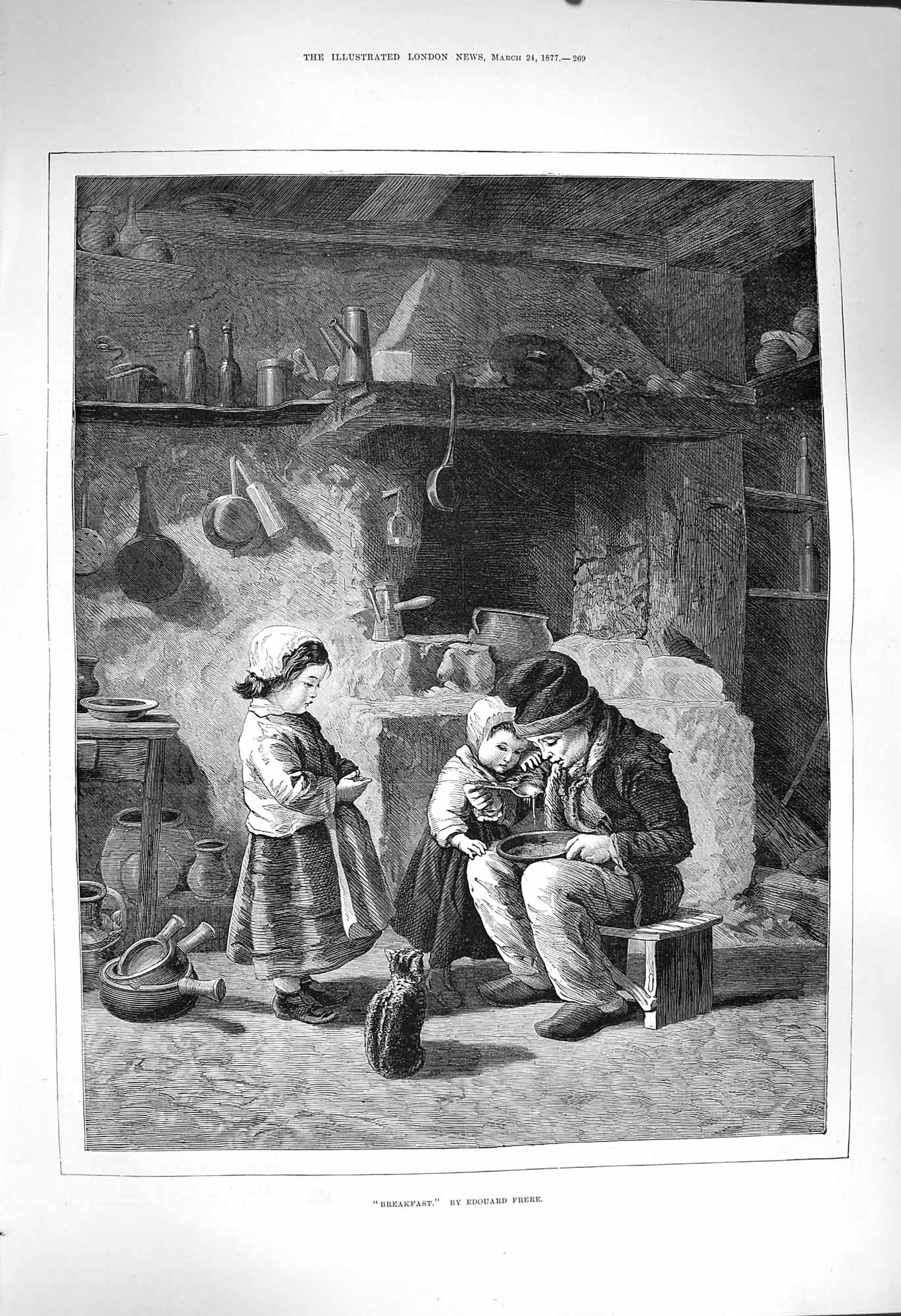 Original Old Antique Print 1877 Breakfast Children Food House Scene Cat Frere