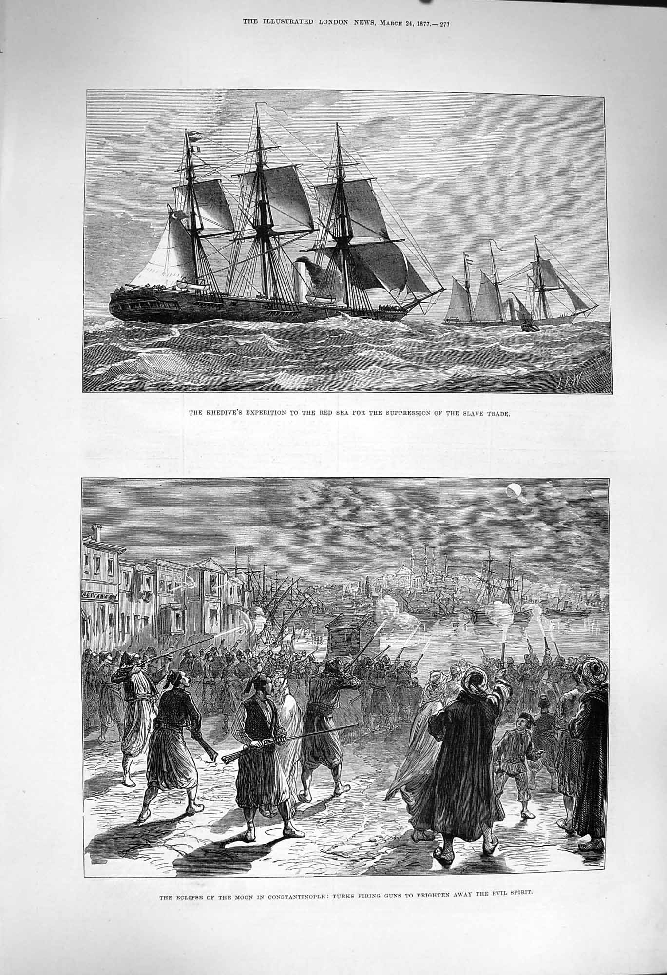 Old Antique Print 1877 Khedive Red Sea Ships Slave Trade Constantinople 19th