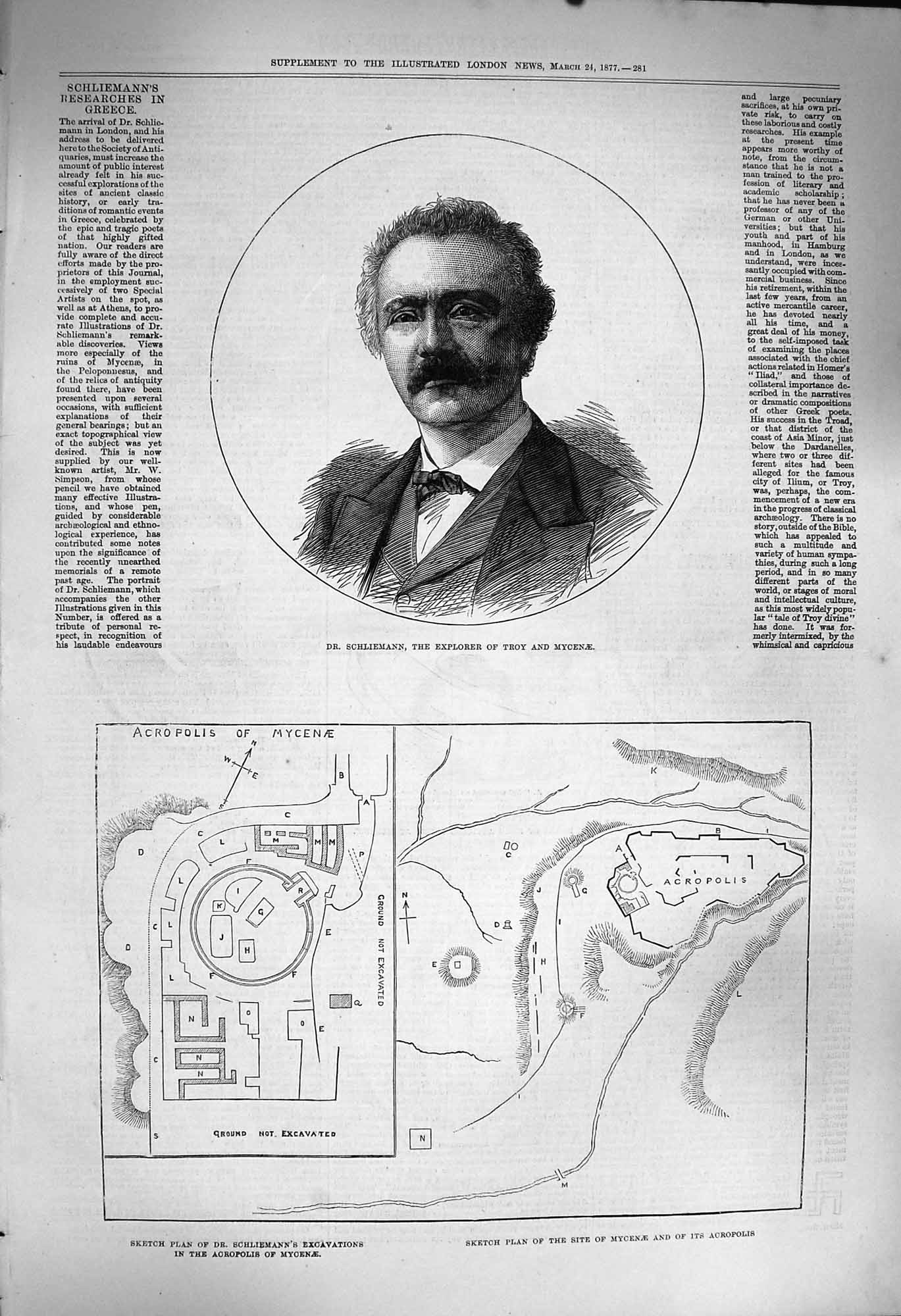 Original Old Antique Print 1877 Dr. Schliemann Explorer Map Mycenae Acropolis