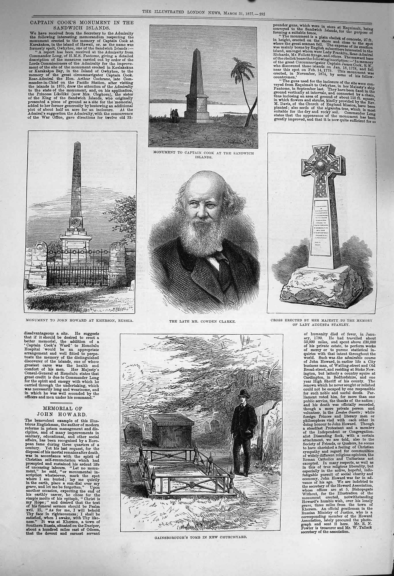 Old Antique Print 1877 Cowden Clarke Captian Cook Tomb Churchyard Cross 19th