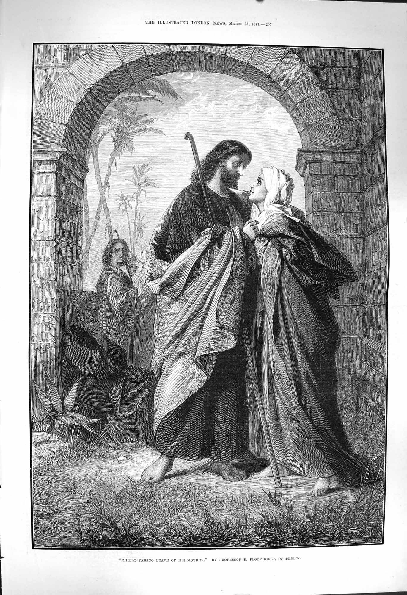 Original Old Antique Print 1877 Christ Taking Leave Mother Religion Plockhorst