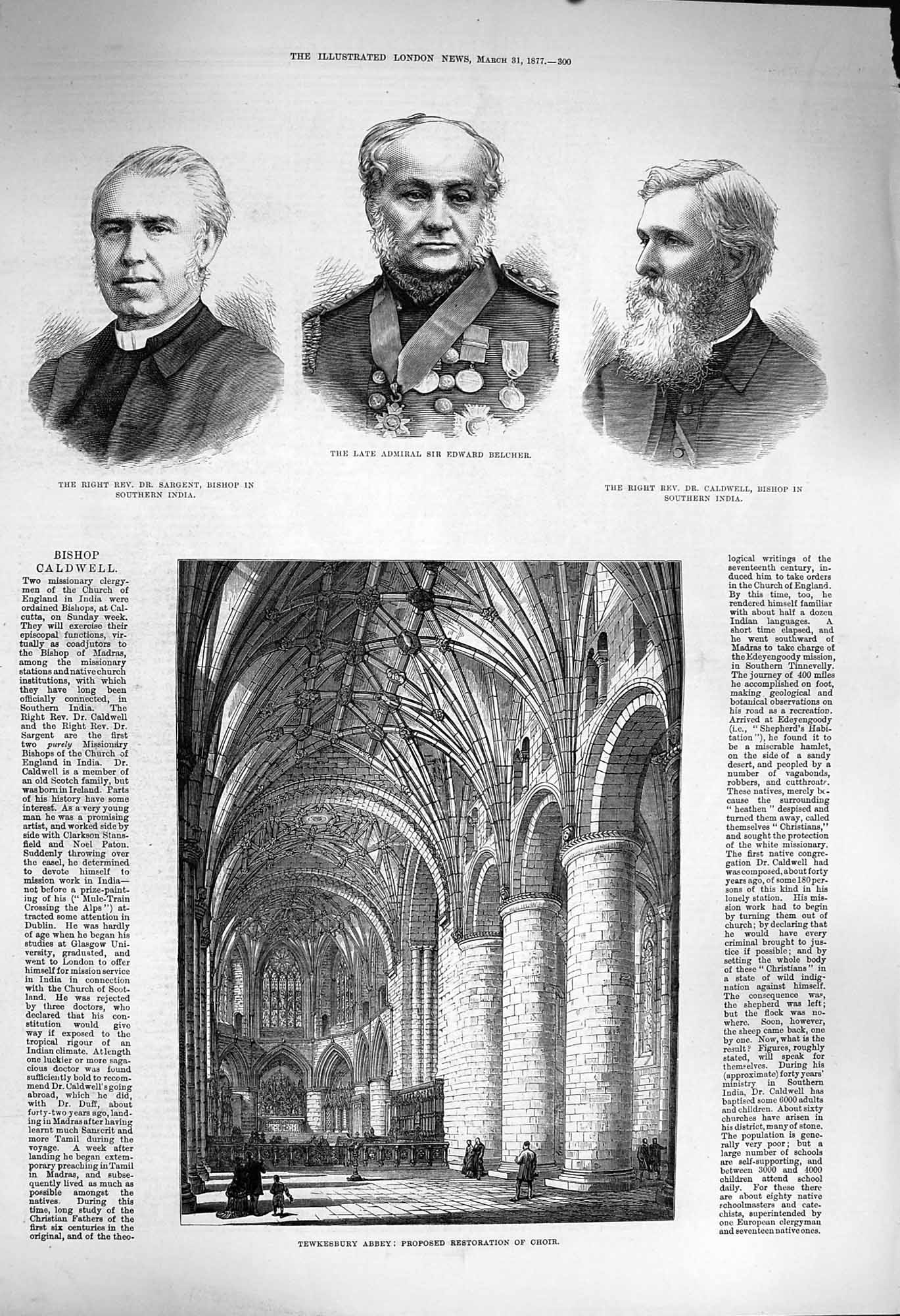 Original Old Antique Print 1877 Tewkesbury Abbey Choir Sargent Belchur Caldwell