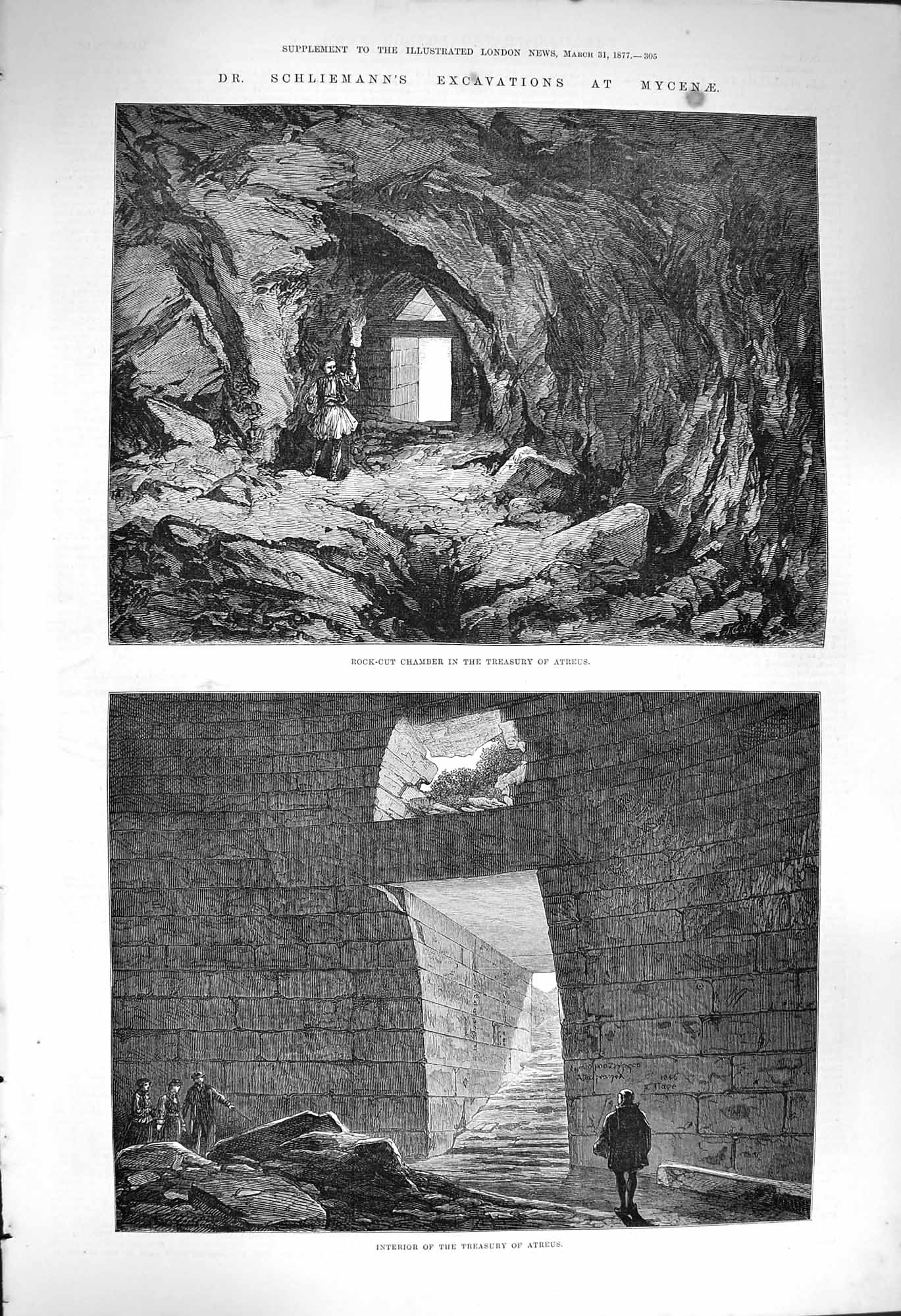 Original Old Antique Print 1877 Schliemann Excavations Mycenae Atreus Treasury
