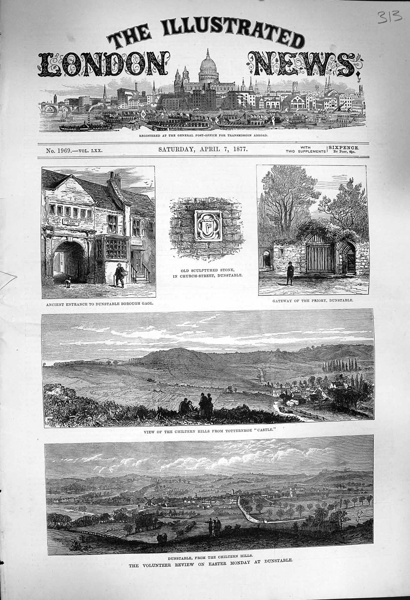 Original Old Antique Print 1877 Volunteer Review Dunstable Chiltern Totternhoe