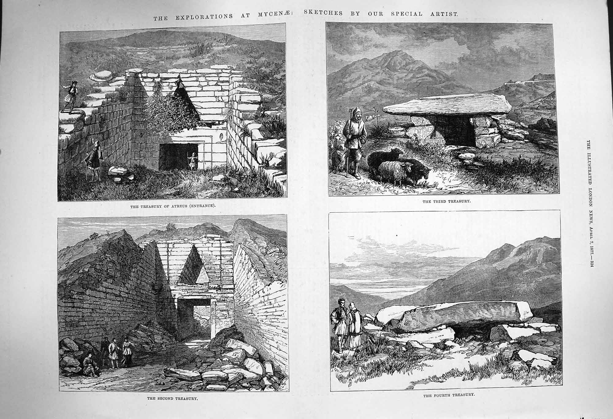 Old Antique Print 1877 Mycenae Atreus Treasury Archaeology Explorations 19th