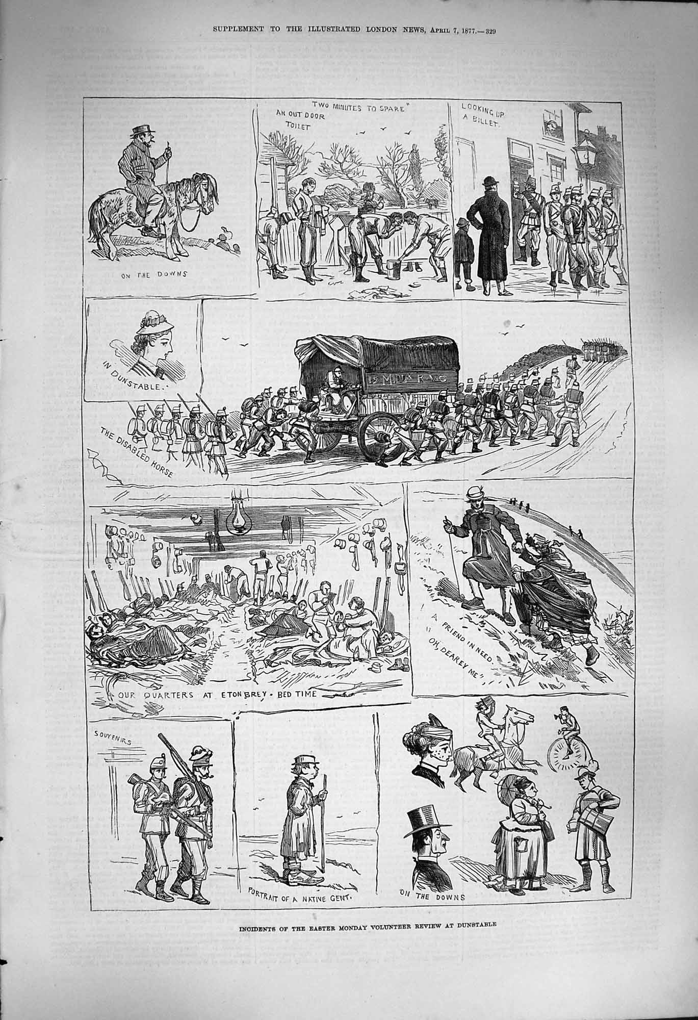 Original Old Antique Print 1877 Easter Monday Volunteer Review Dunstable 19th