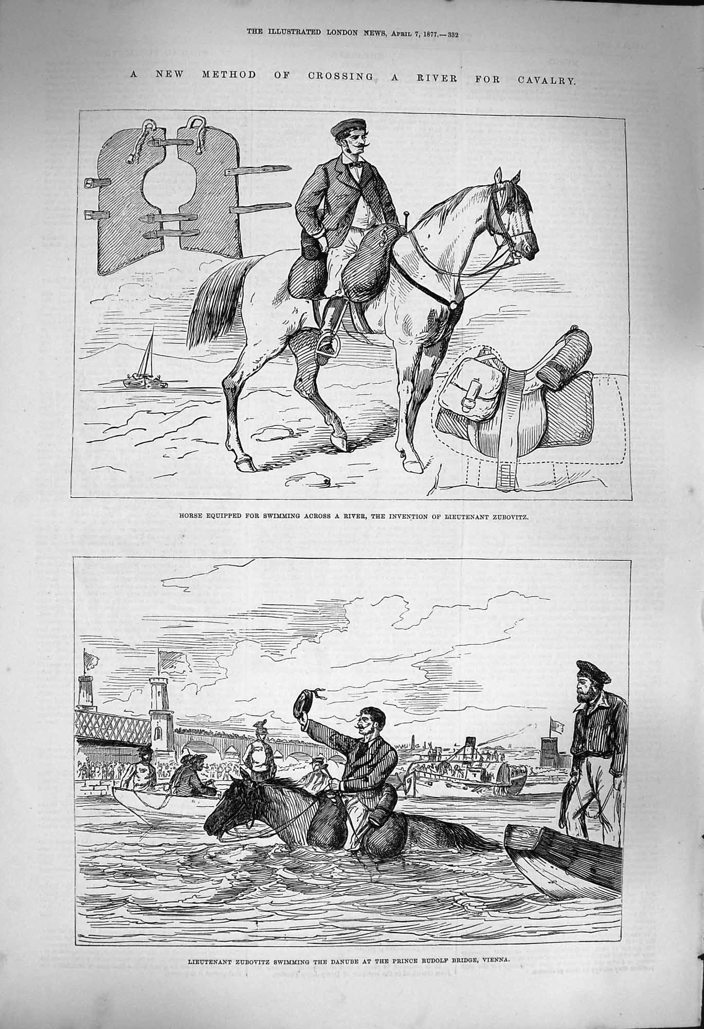 Original Old Antique Print 1877 Horse Swimming River Lieutenant Zubovitz Rudolf