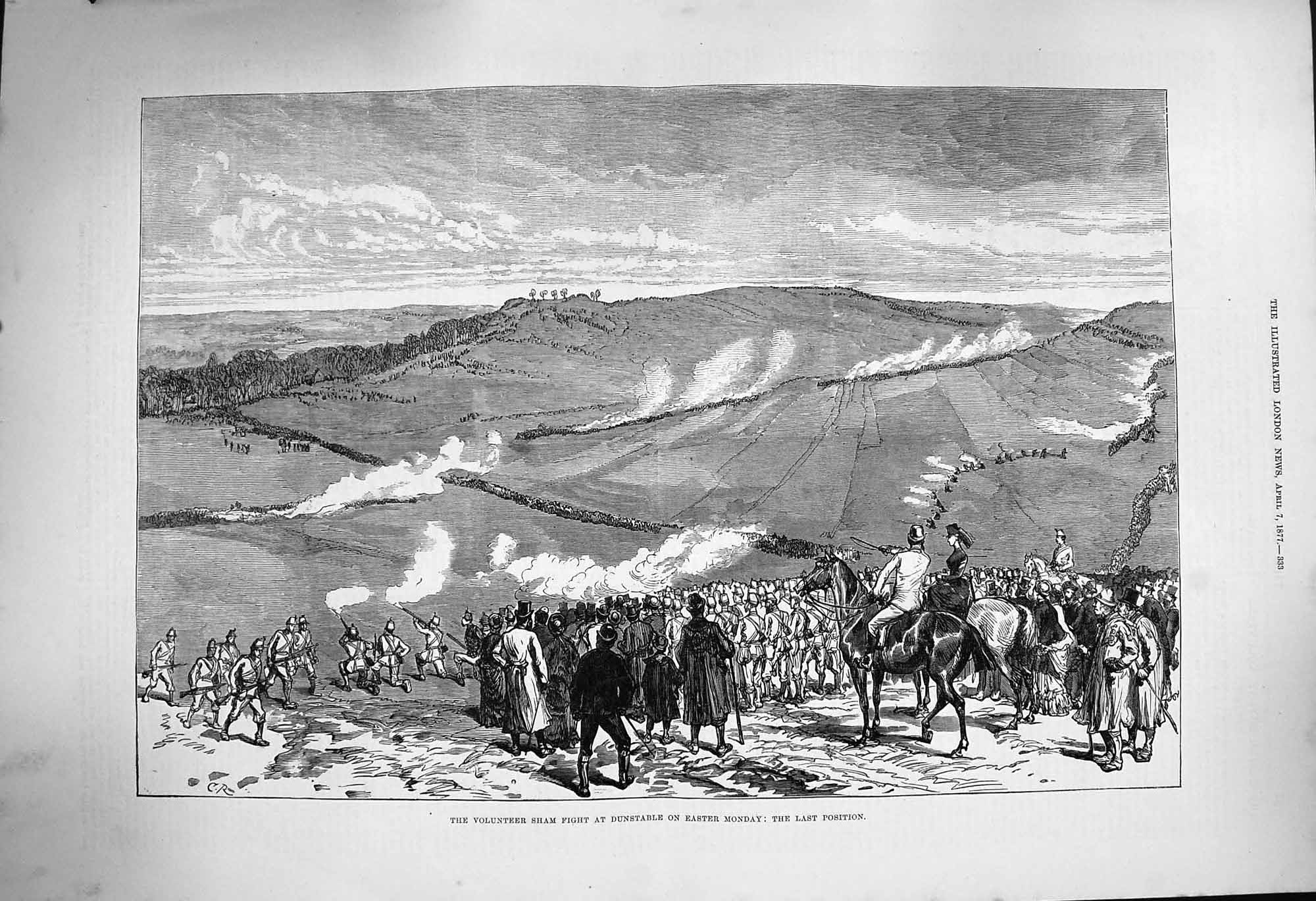Original Old Antique Print 1877 Volunteer Sham Fight Dunstable Siers Easter