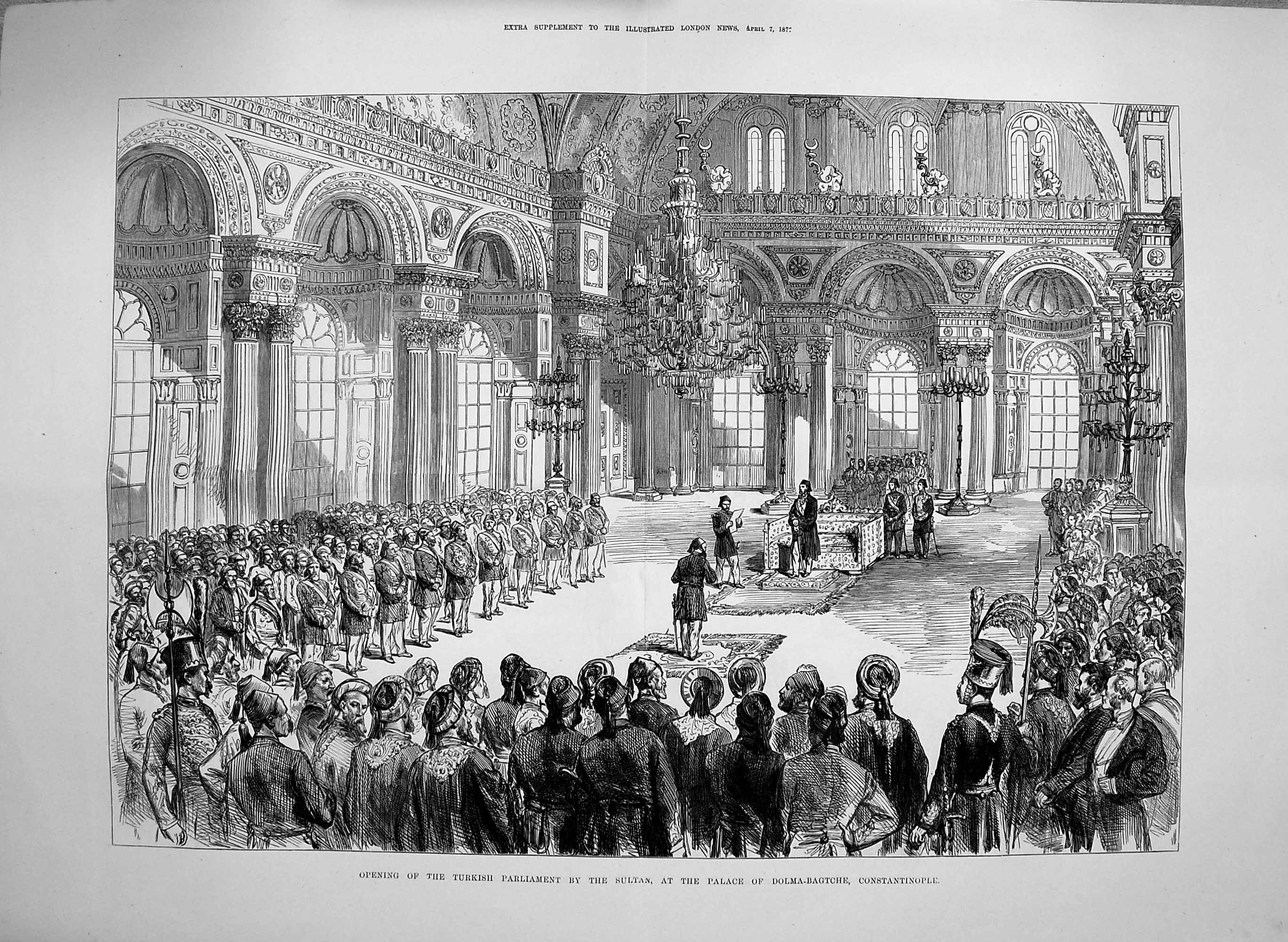 Original Old Antique Print 1877 Turkish Parliament Sultan Palace Dolma- 19th