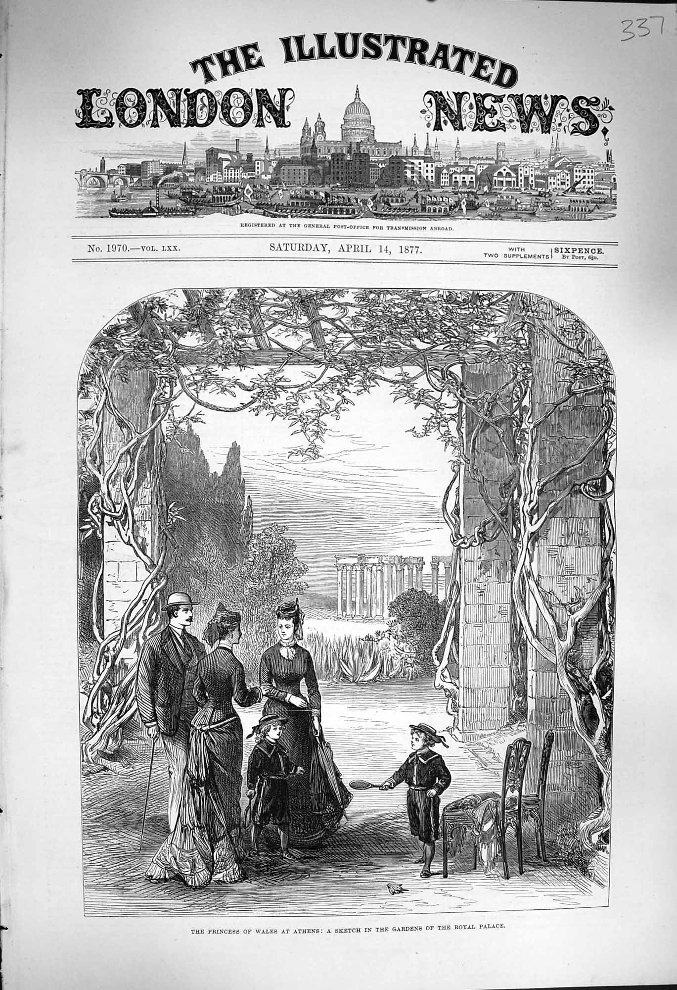 Original Old Antique Print 1877 Princess Wales Athens Gardens Royal Palace 19th