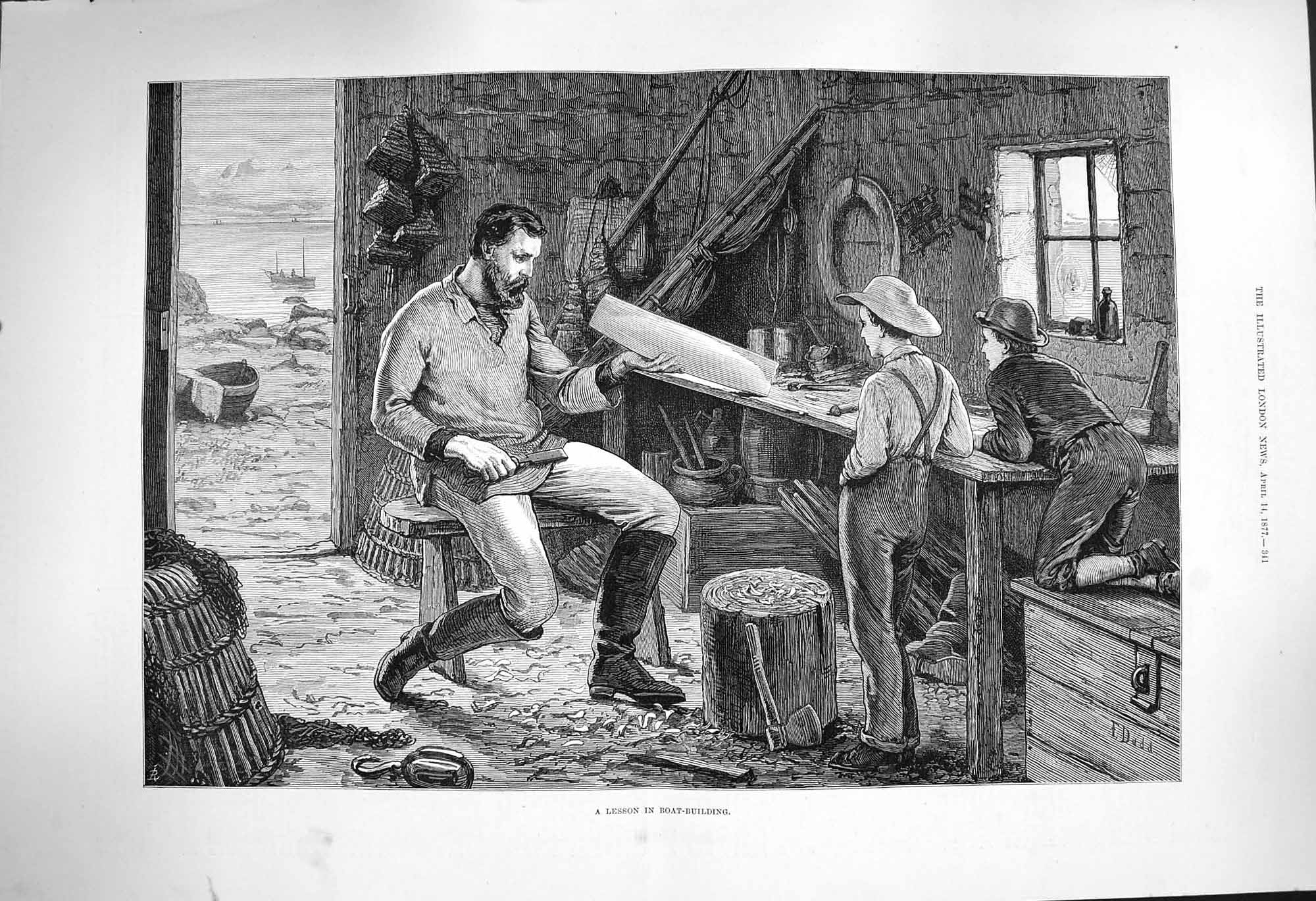 Original Old Antique Print 1877 Lesson Boat Building Man Young Boys Fine Art
