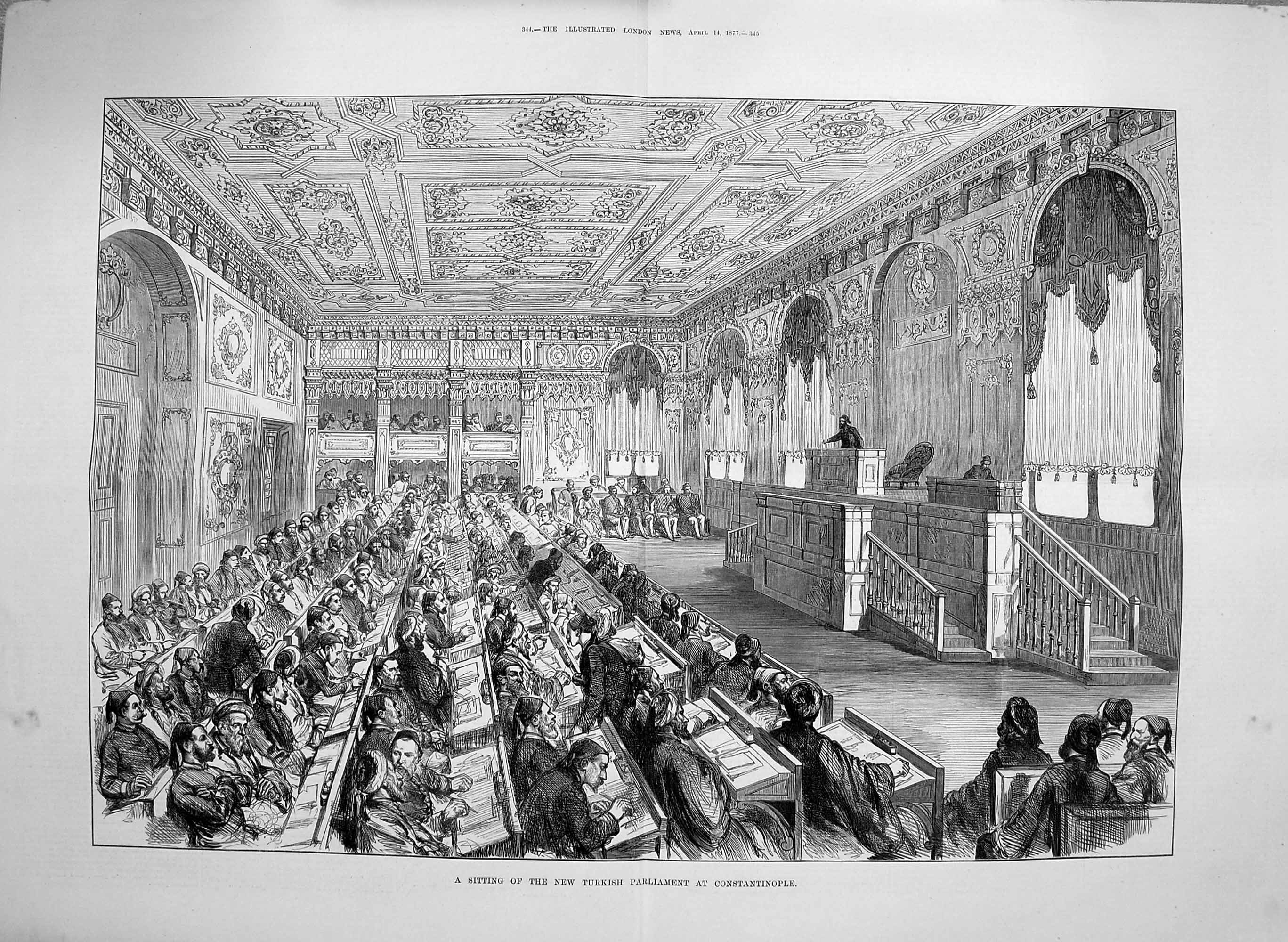Original Old Antique Print 1877 Sitting New Turkish Parliament Constantinople