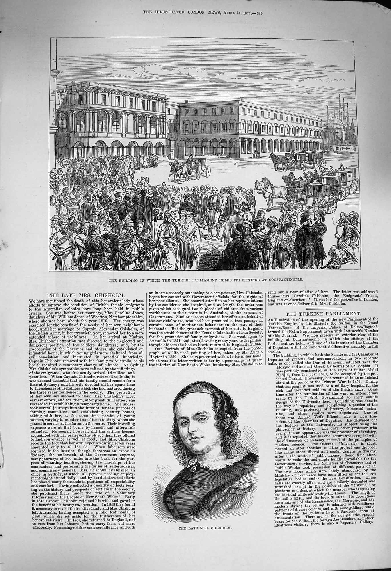 Original Old Antique Print 1877 Mrs Chisholm Turkish Parliament Constantinople