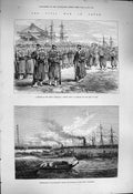Original Old Antique Print 1877 War Japan Jetty Yokohama Siers Satsuma Ships