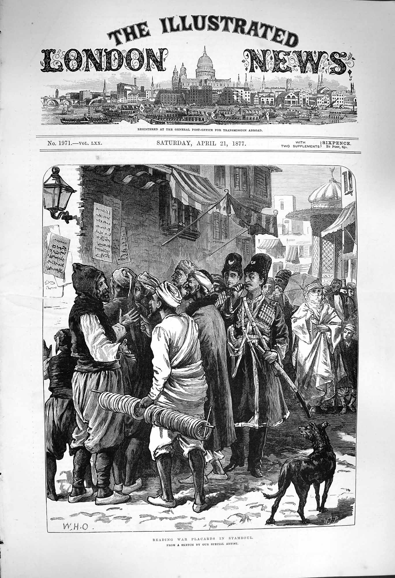 Original Old Antique Print 1877 Scene Reading War Placards Stamboul Fine Art