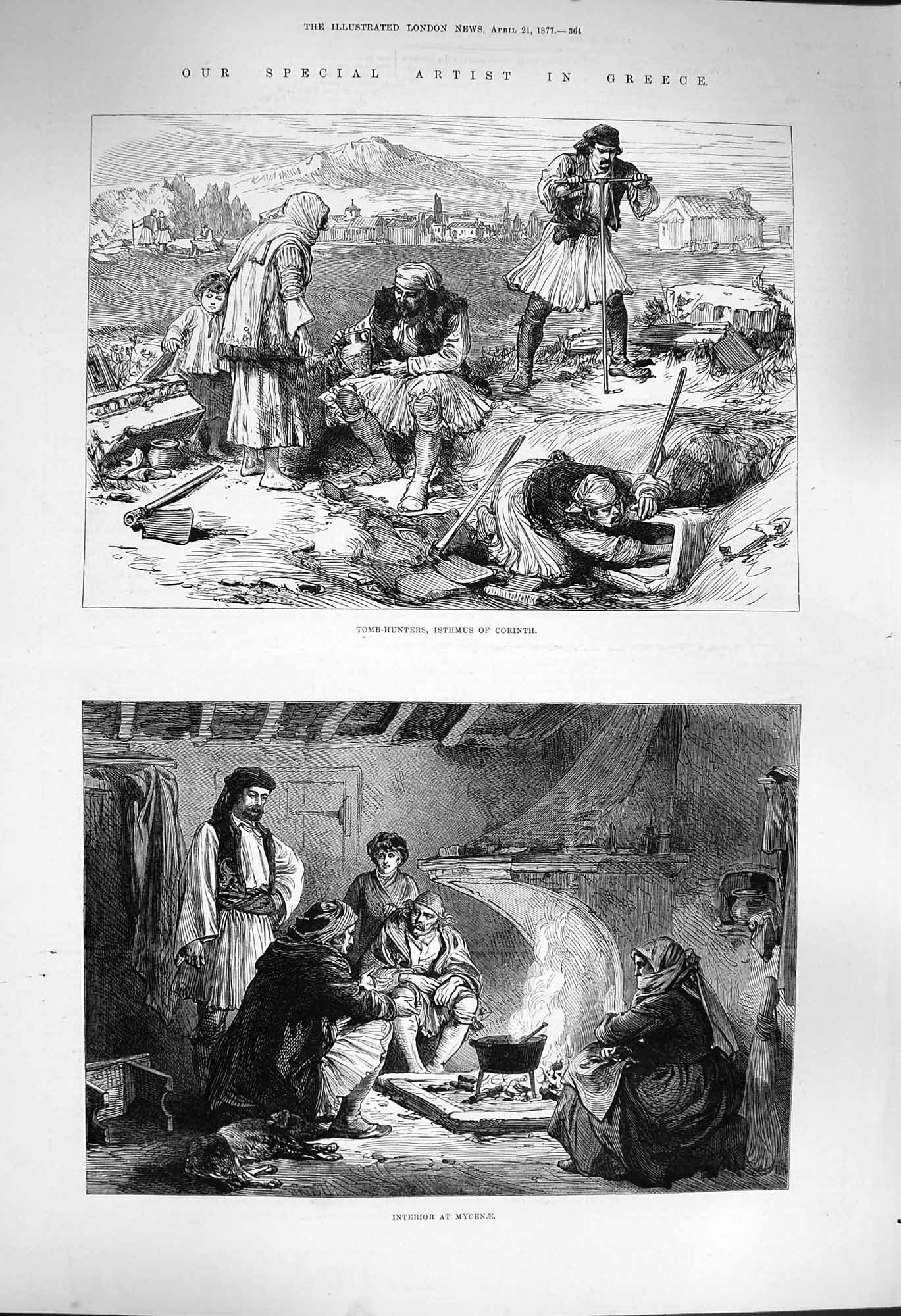 Original Old Antique Print 1877 Greece Tomb-Hunters Isthmus Corinth Mycenae