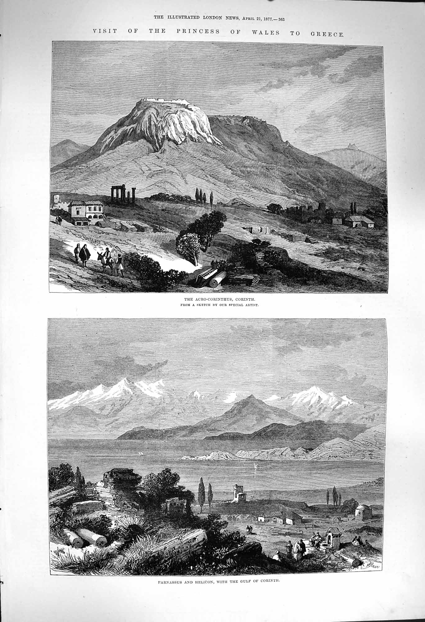 Original Old Antique Print 1877 Acro-Corinthus Corinth Greece Parnassus 19th