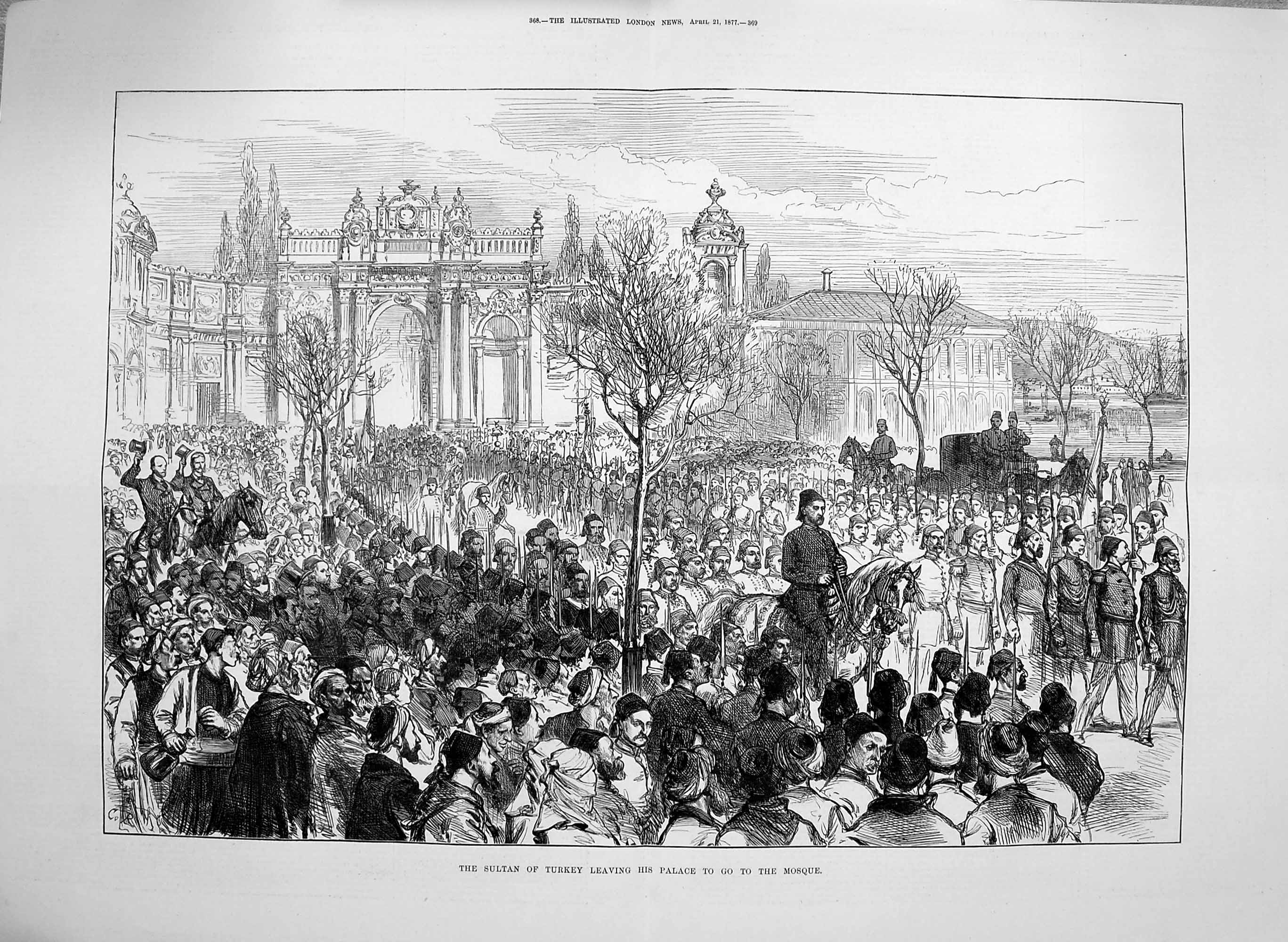Original Old Antique Print 1877 Sultan Turkey Leaving Palace Horses Pro 19th