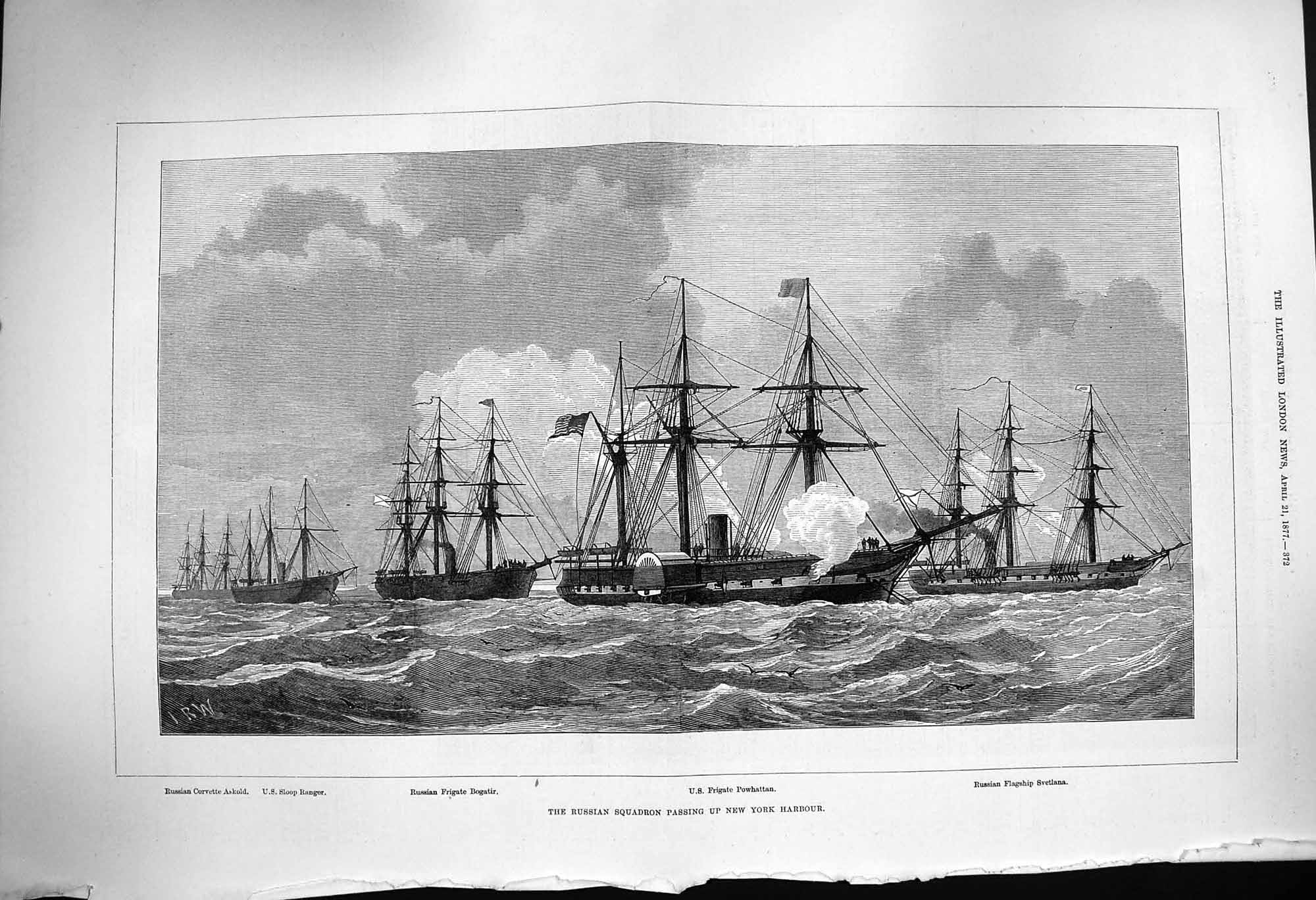 Old Antique Print 1877 Russian Squadron New York Powhattan Ranger Ships 19th