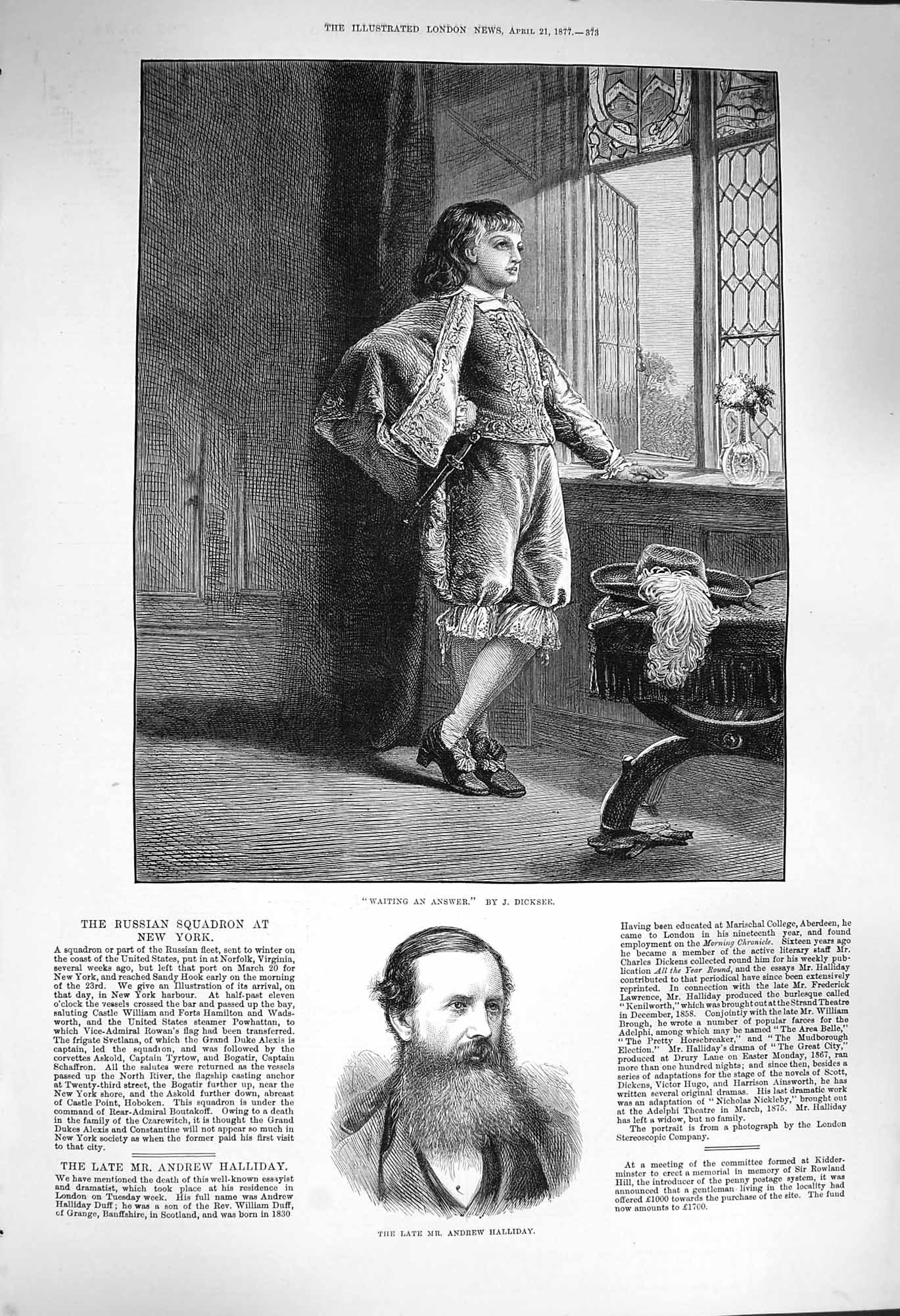 Original Old Antique Print 1877 Portrait Andrew Halliday Young Boy House Window