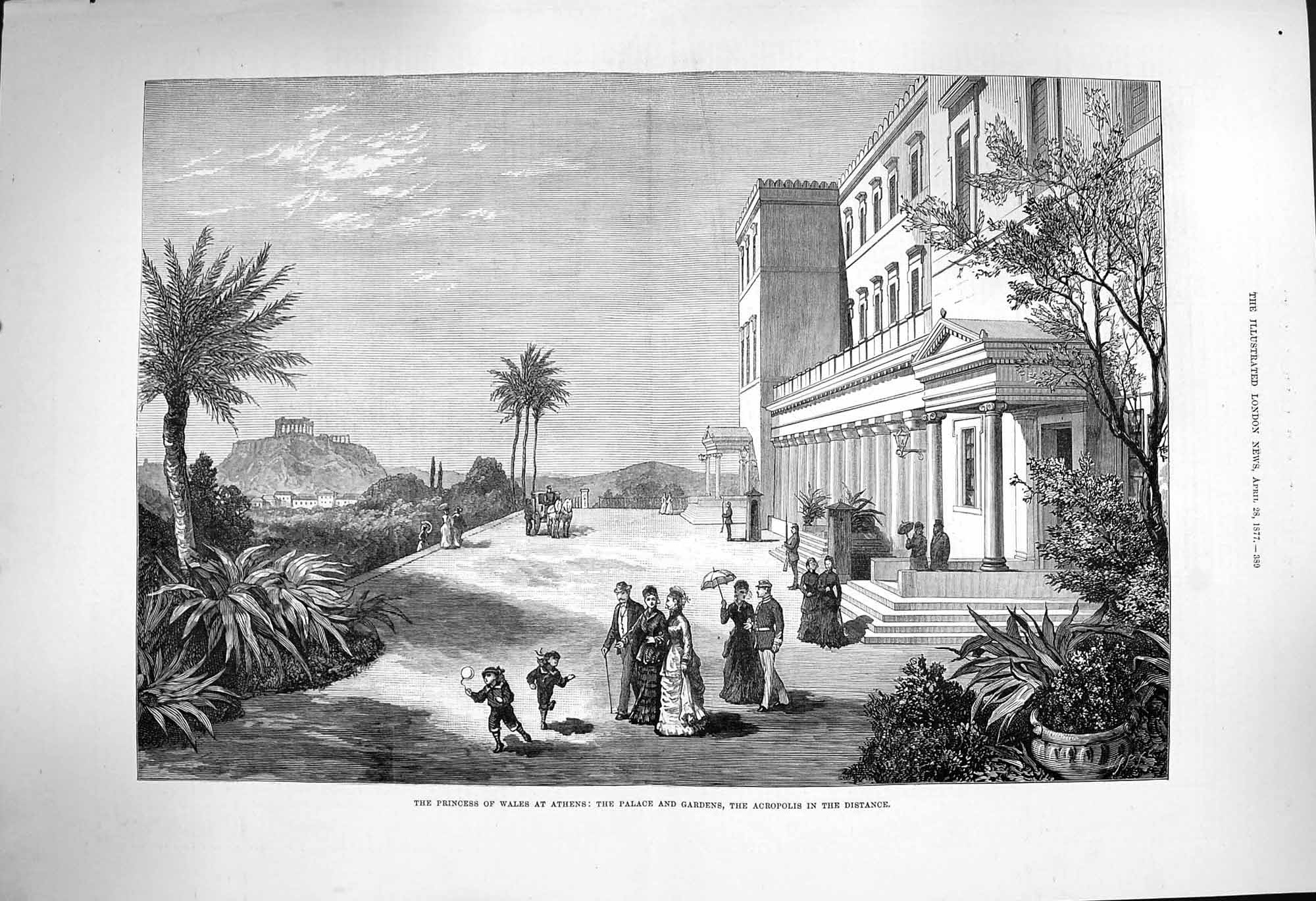 Original Old Antique Print 1877 Princess Wales Athens Palace Garden Acropolis