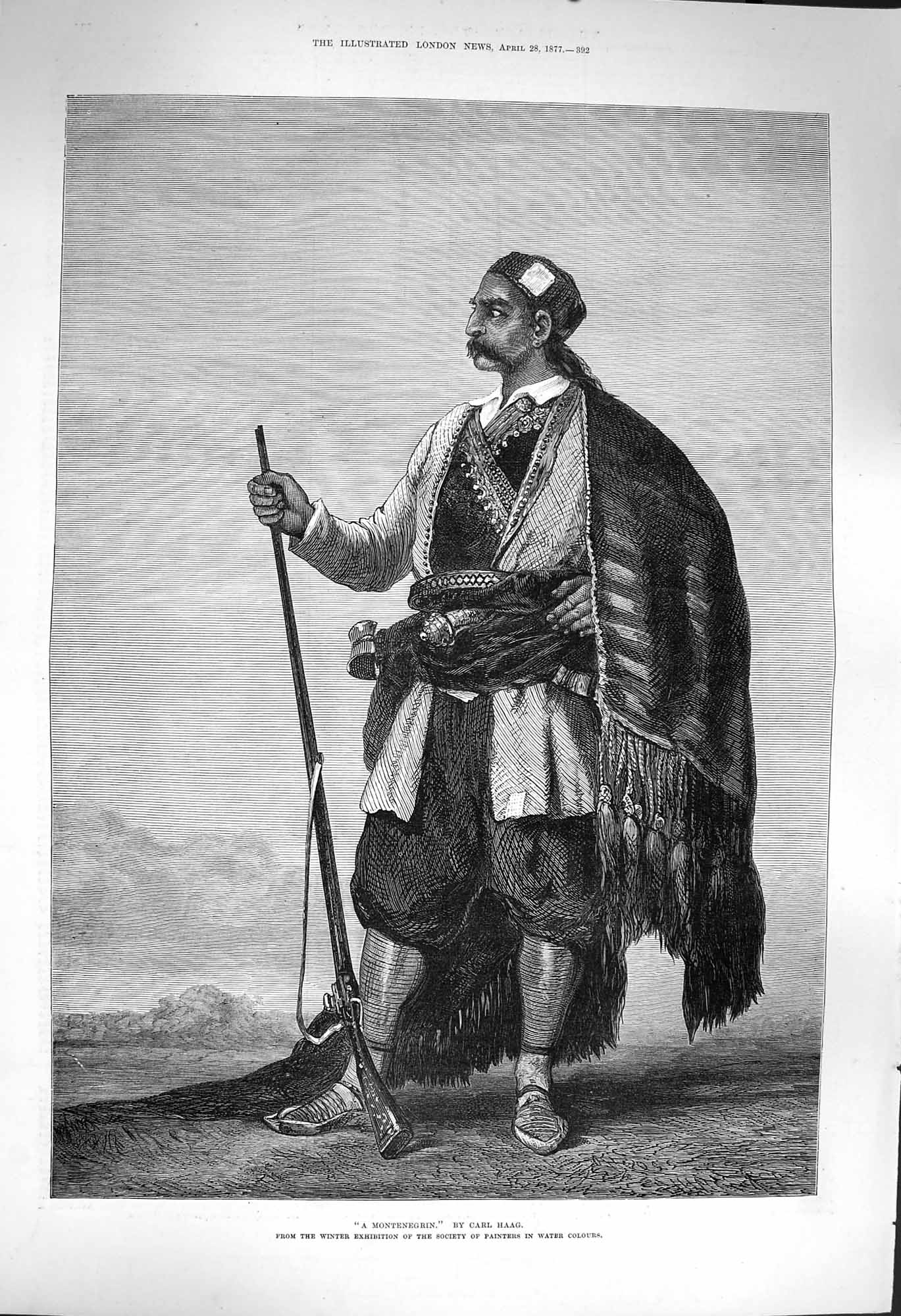 Original Old Antique Print 1877 Portrait Montenegrin Man Costume Haag Victorian