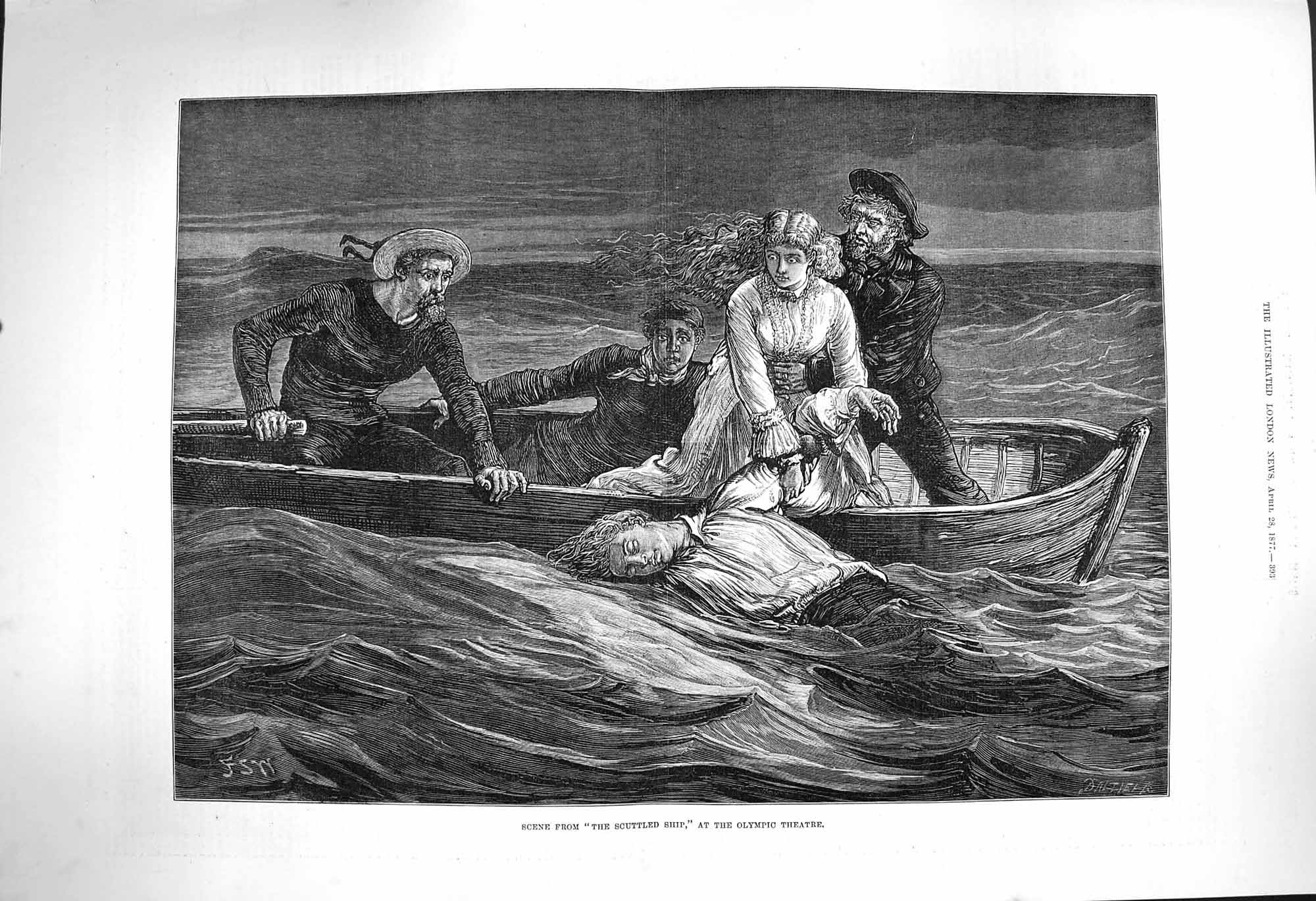 Original Old Antique Print 1877 Scene Scuttled Ship Olympic Theatre Boat Sea