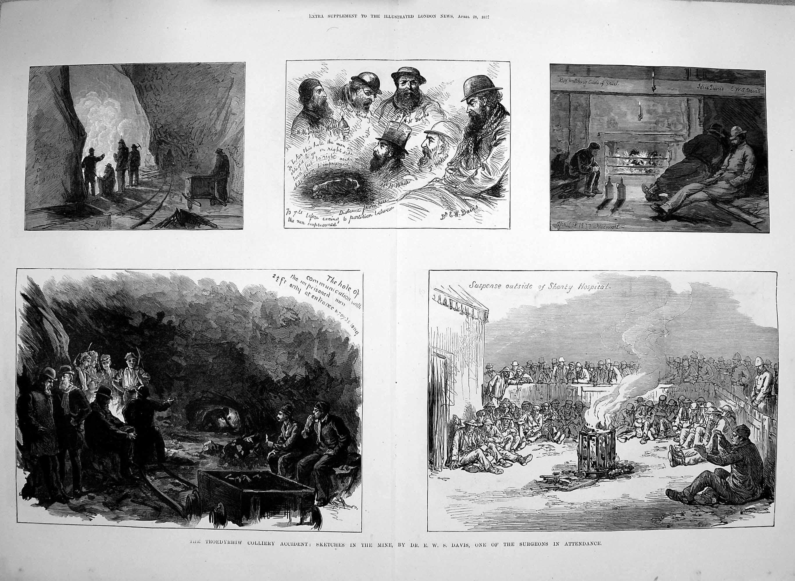 Antique Old Print 1877 Troedyrhiw Colliery Accident David Shanty Hospital 19th