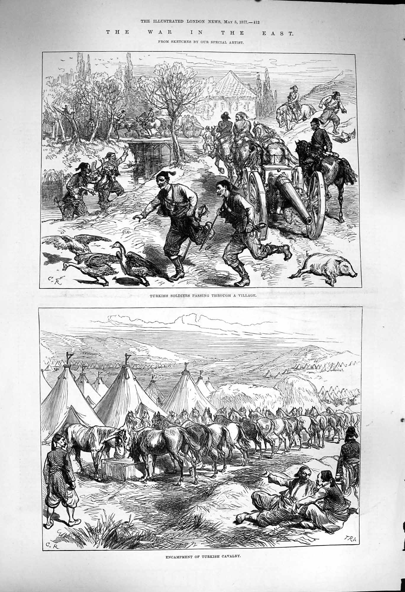 Original Old Antique Print 1877 Turkish Siers War Encampment Cavalry Horses
