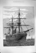 Original Old Antique Print 1877 Turkish Ironclad War Ship Hamidieh Fine Art