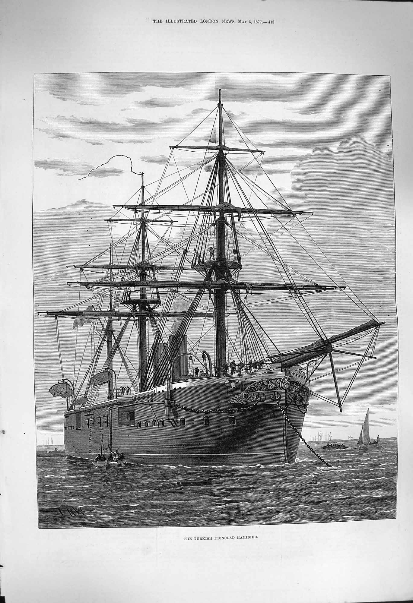 Original Old Antique Print 1877 Turkish Ironclad War Ship Hamidieh Fine Art