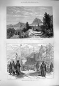 Original Old Antique Print 1877 Princess Wales Greece Palace Gardens War Japan